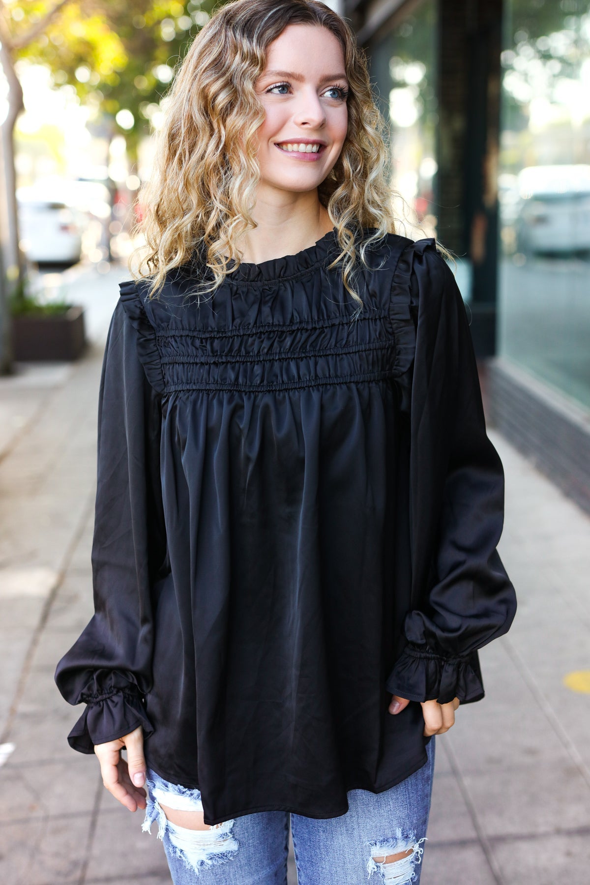 Black Satin Shirred Yoke Frilled Mock Neck Top for Women - Elegant Party & Evening Wear