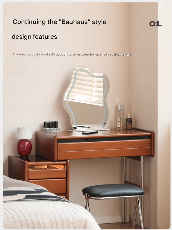 Modern Poplar Solid Wood Bauhaus Dressing Table - Multi-Functional Vanity Desk with Mirror & Storage for Bedroom, Home Office, or Apartment