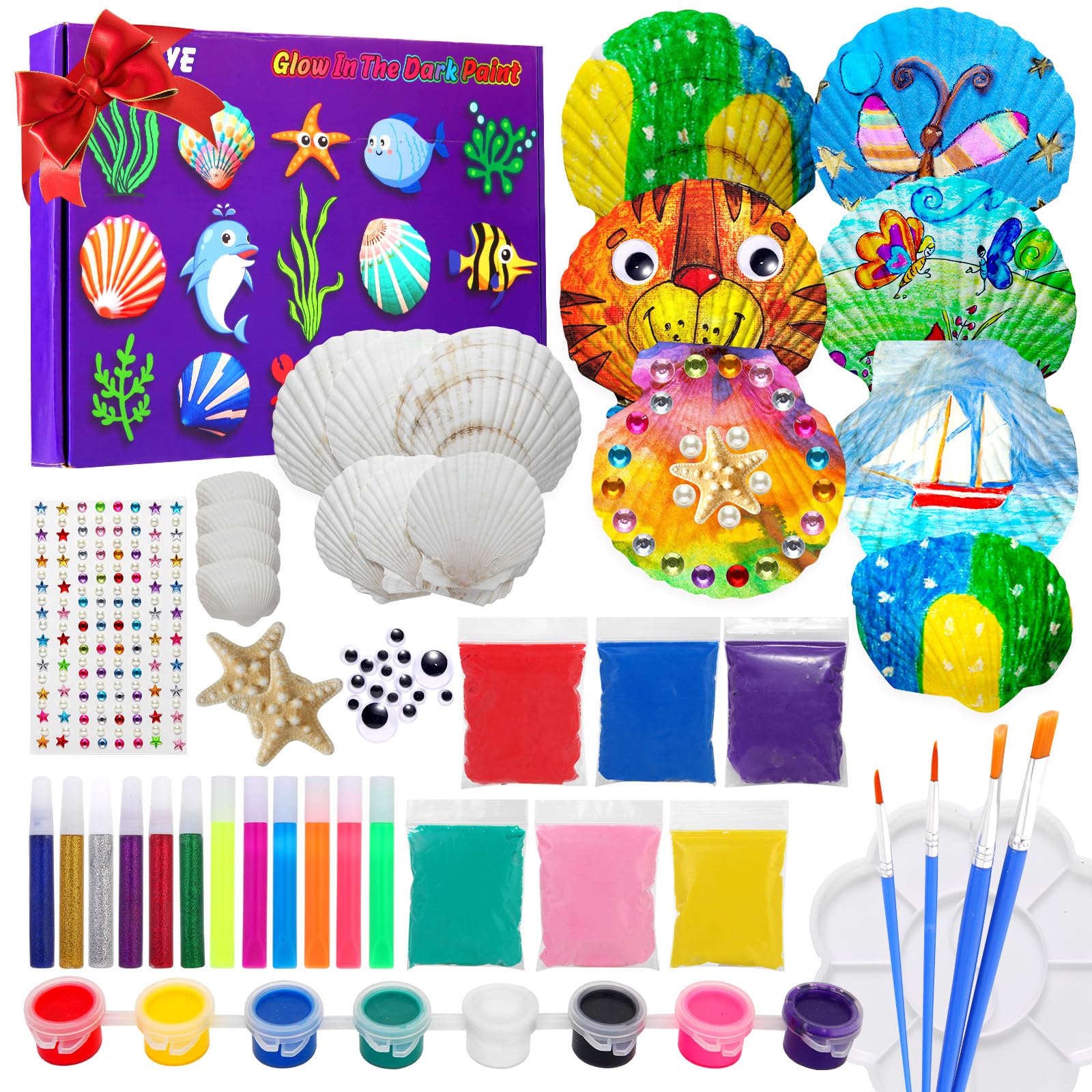 Kebuye Sea Shell Painting Kit for Kids - 12 Shells, 8 Paints & 6 Clay DIY Art Craft Set - Creative Gift for Boys & Girls Ages 4-12 - Perfect for Birthday, Summer Camp & Family Bonding Activities