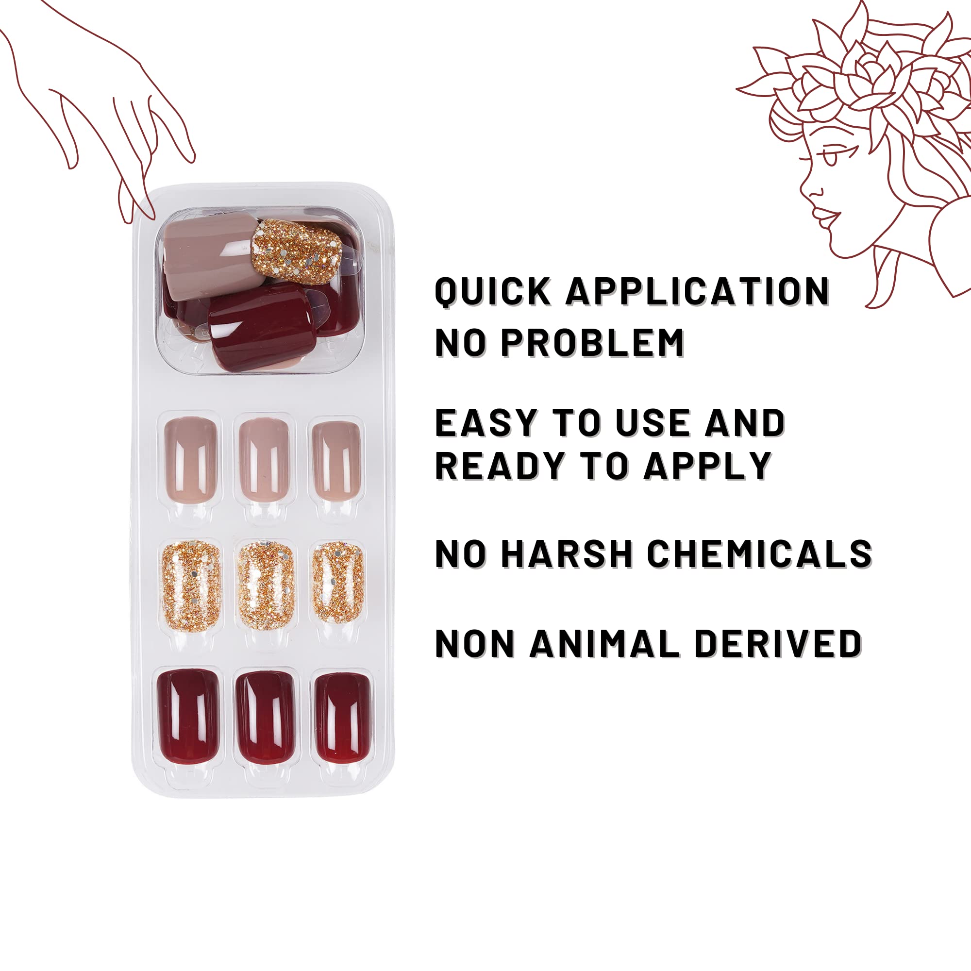 French Press On Nails Kit - Reusable Artificial Nails for Women & Girls | Acrylic Nail Extensions with No Glue Needed | Perfect for Parties, Weddings & Daily Wear