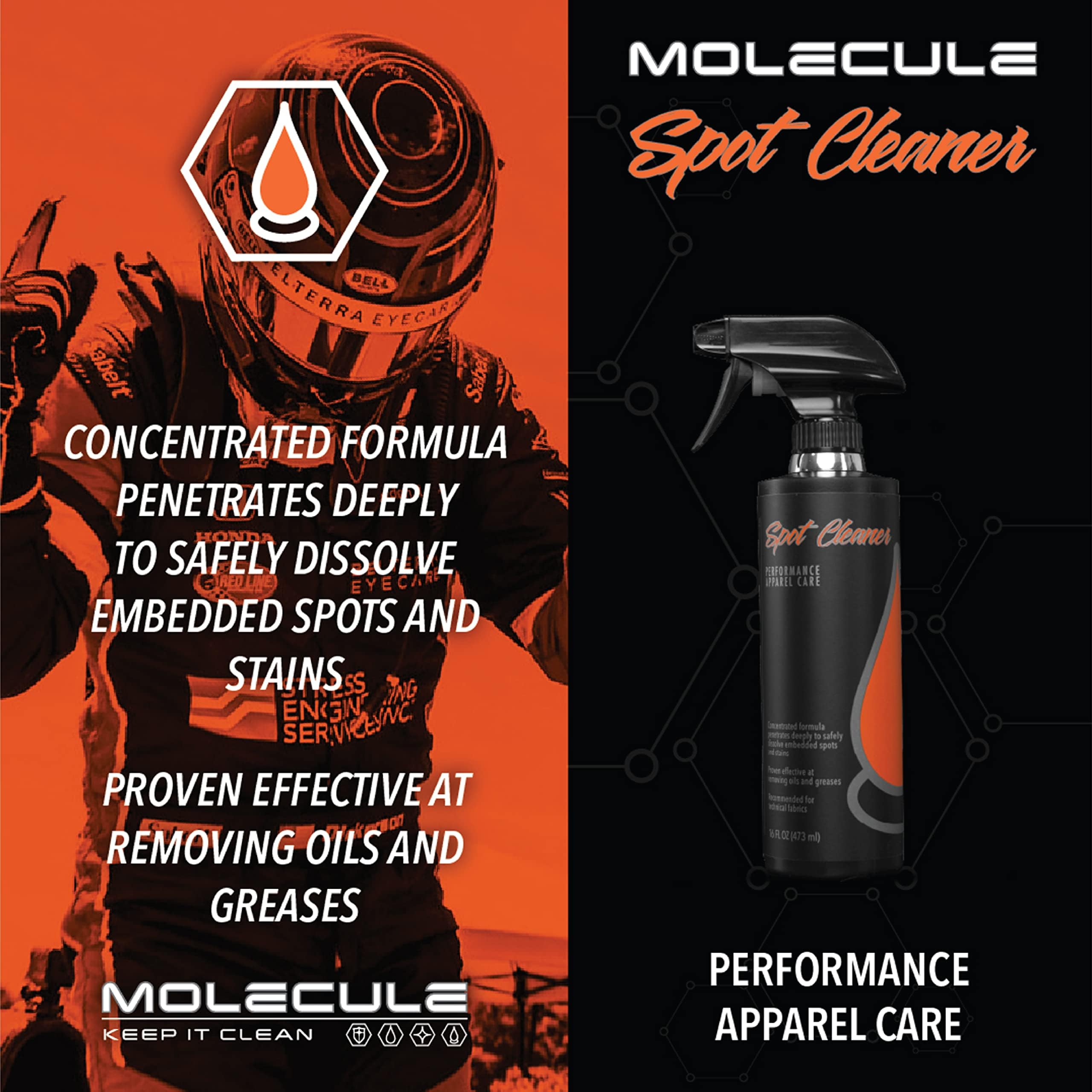 Molecule Spot Cleaner for Performance Apparel - 16oz (6 Pack) - Removes Tough Stains from Race Suits, Workout Clothes & Activewear | Perfect for Gym Gear, Sports Uniforms & Outdoor Adventure Clothing