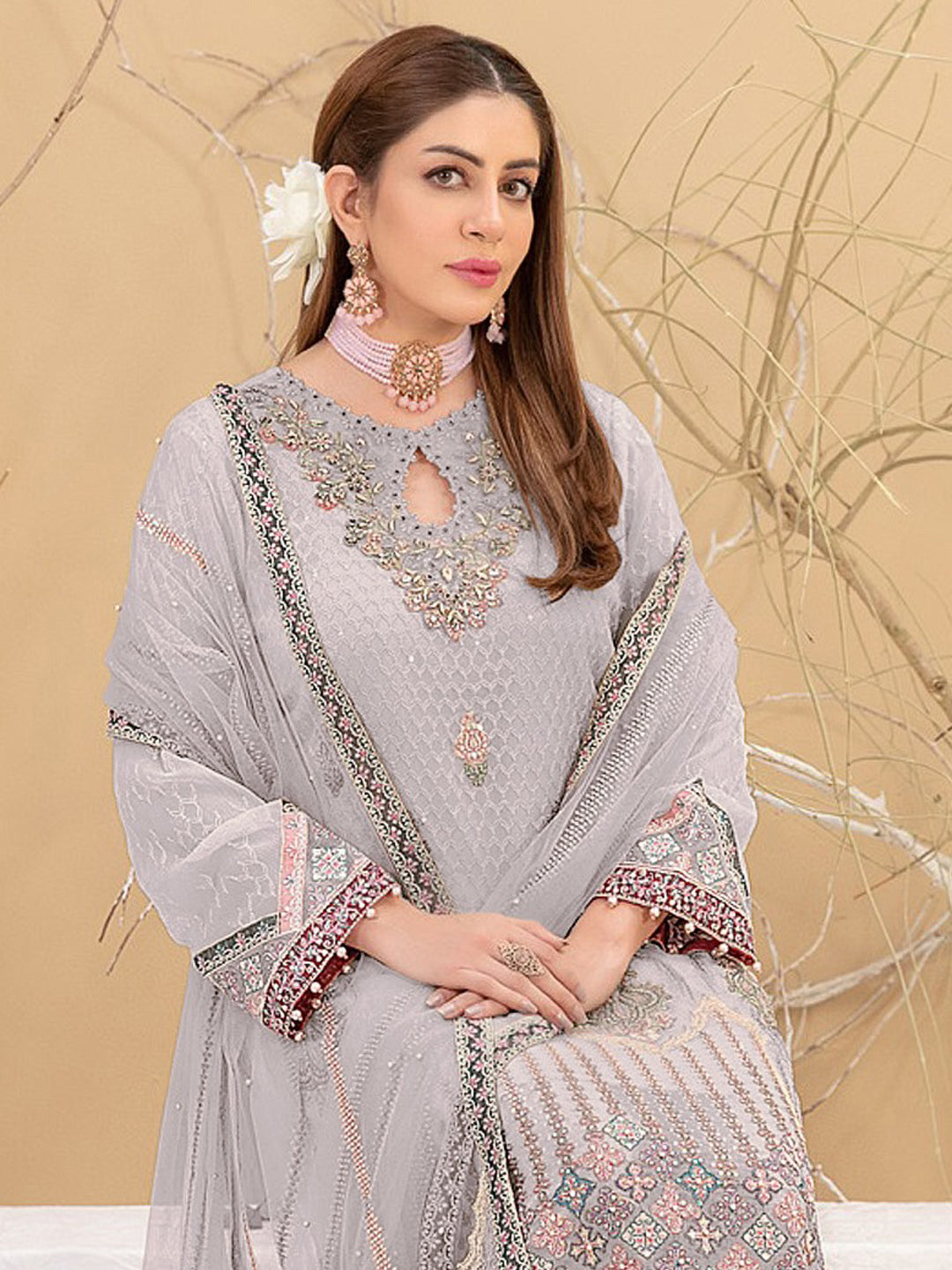 Elegant Beige Georgette Pant Suit with Exquisite Embroidery - Formal Office Wear & Special Occasion Outfit for Women