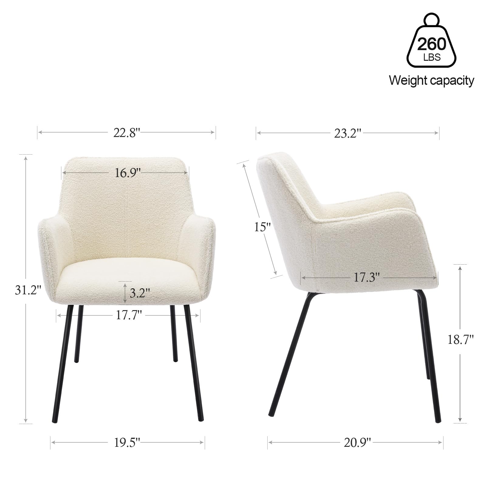 ONEVOG Modern Upholstered Sherpa Dining Chairs Set of 2 - Armrest Accent Chairs with Wide Seat for Kitchen, Living Room & Lounge - Comfortable Dinner Chairs for Home Decor & Entertaining
