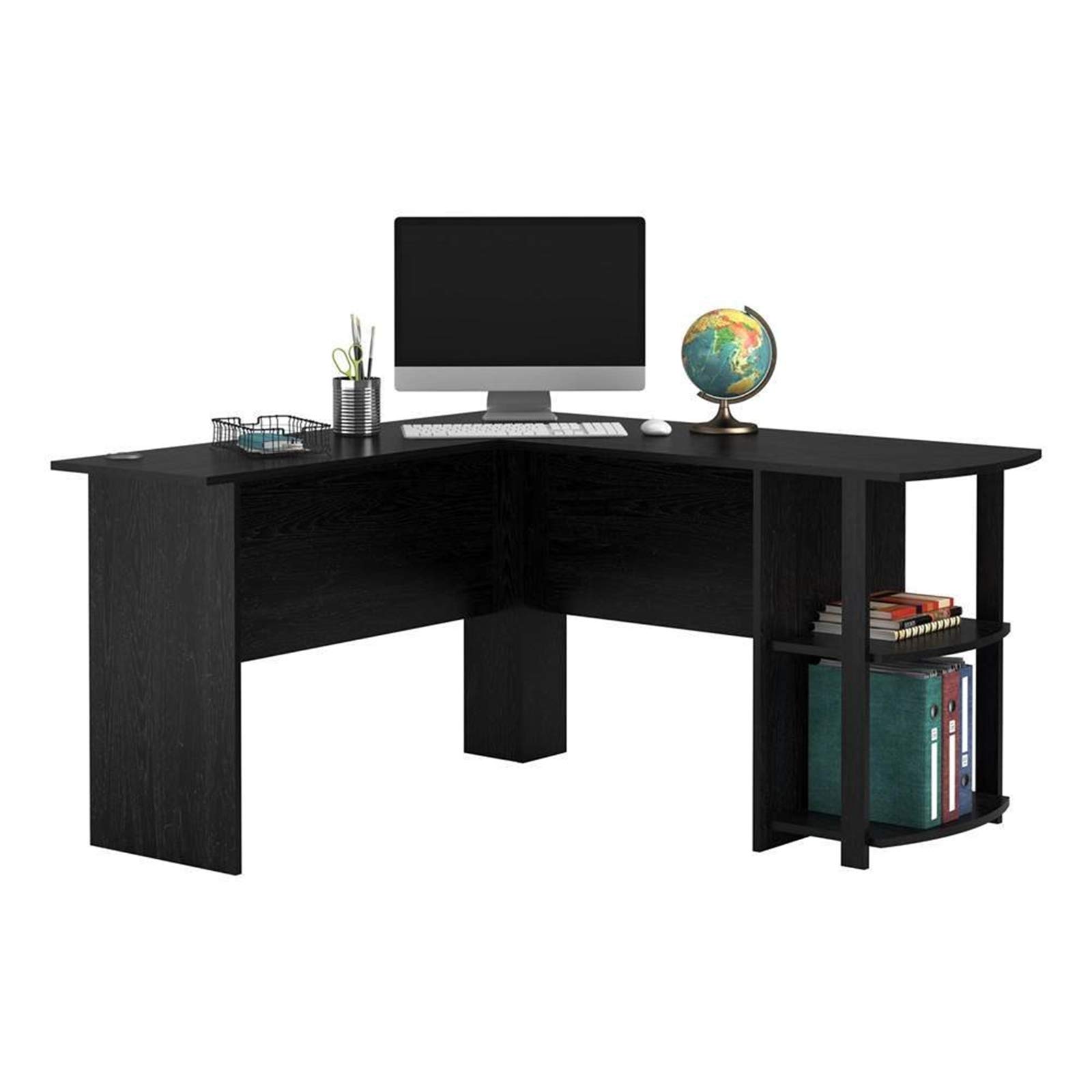 WESTHL L-Shaped Computer Desk with Two-Tier Bookshelves - Right-Angle Wooden Office Desk for Home & Office Workspace (Black) - Perfect for Small Spaces, Gaming & Study Rooms