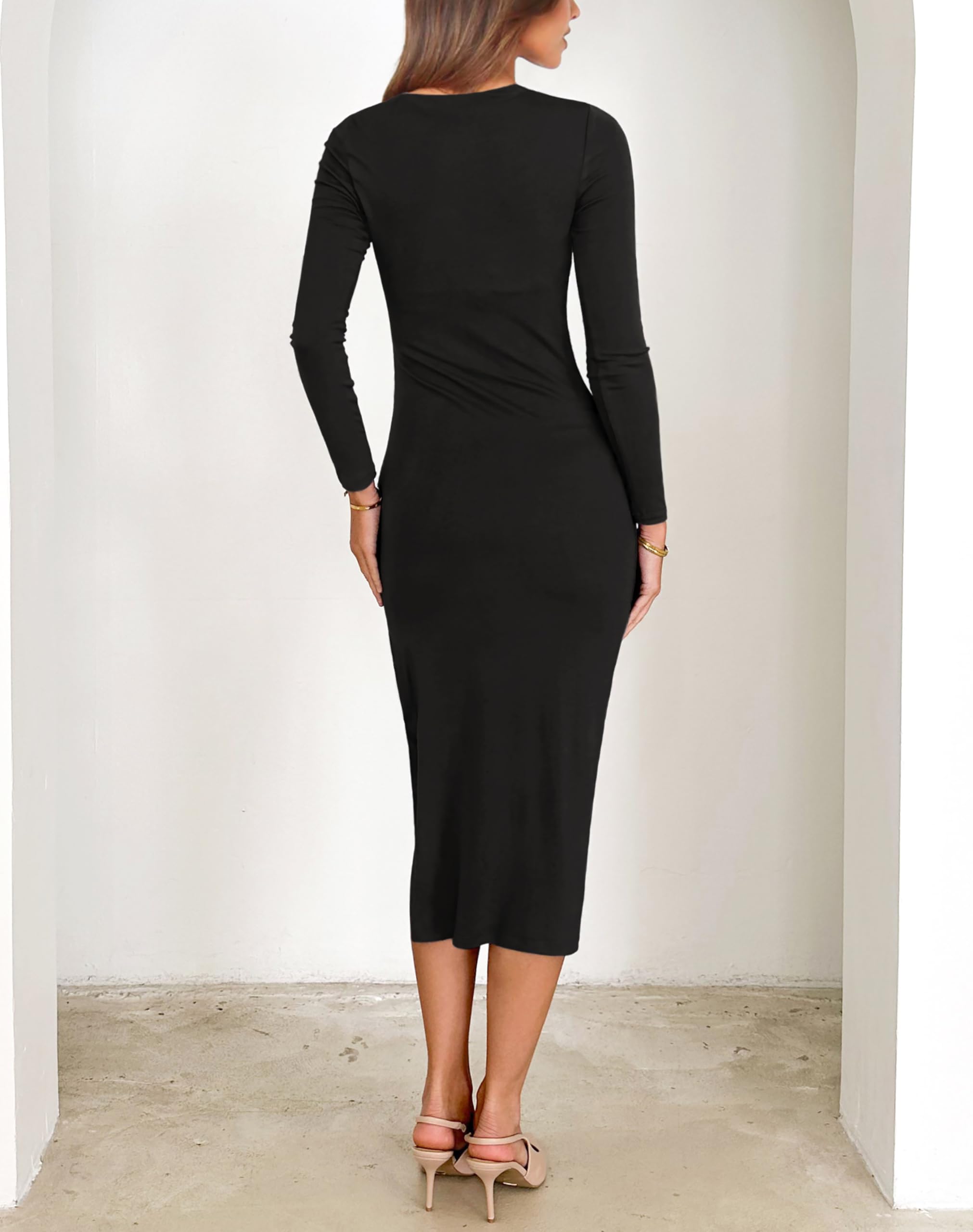 Annebouti Women's Long Sleeve Ruched Bodycon Midi Dress for Wedding Guest & Cocktail Party - Elegant Winter & Spring Formal Dress with Side Slit - Perfect for Evening Events, Bridal Showers, and Holiday Parties