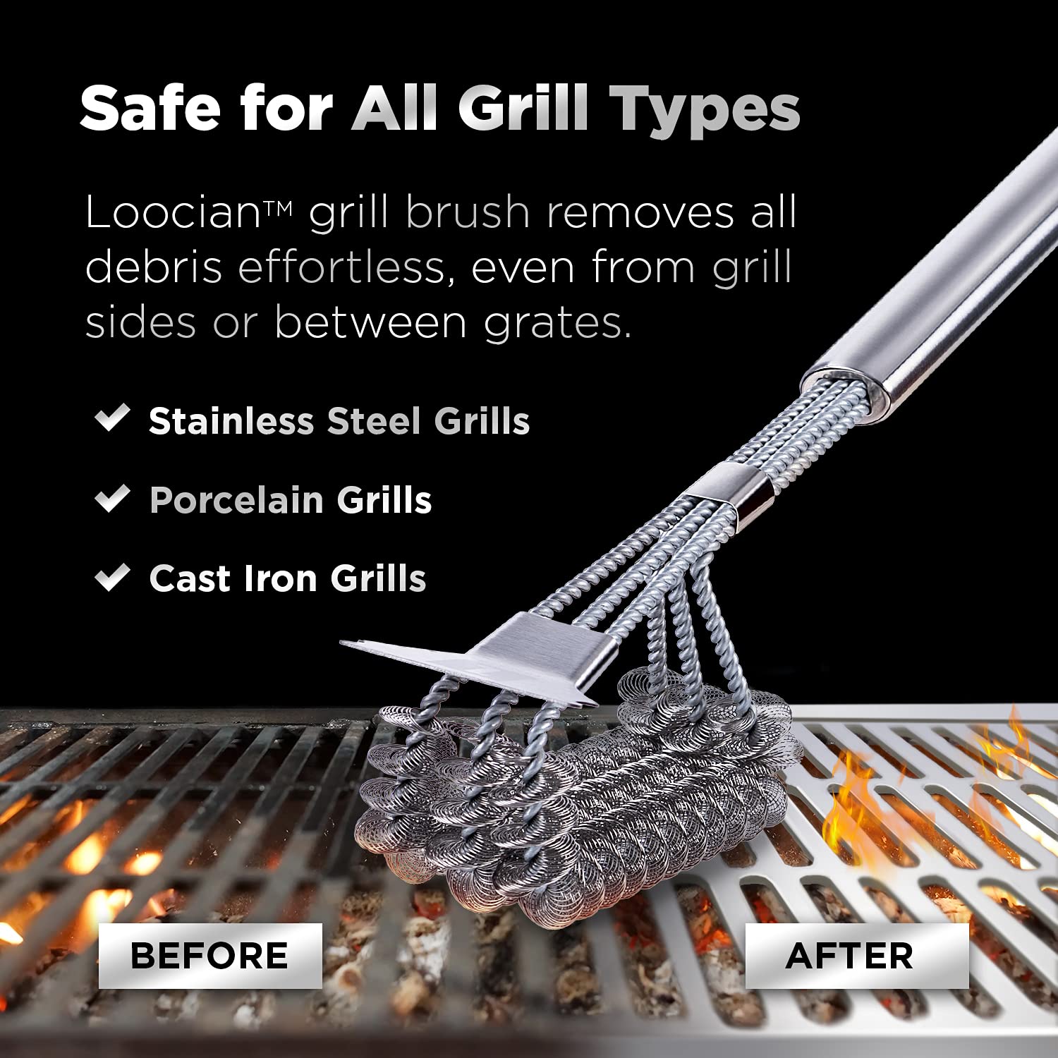 LOOCIAN Stainless Steel Bristle-Free BBQ Grill Brush - Heavy Duty Grill Scraper & Cleaner for Safe Barbecue Cleaning - Perfect for Gas, Charcoal & Electric Grills - Outdoor Cooking & Backyard BBQ Essential