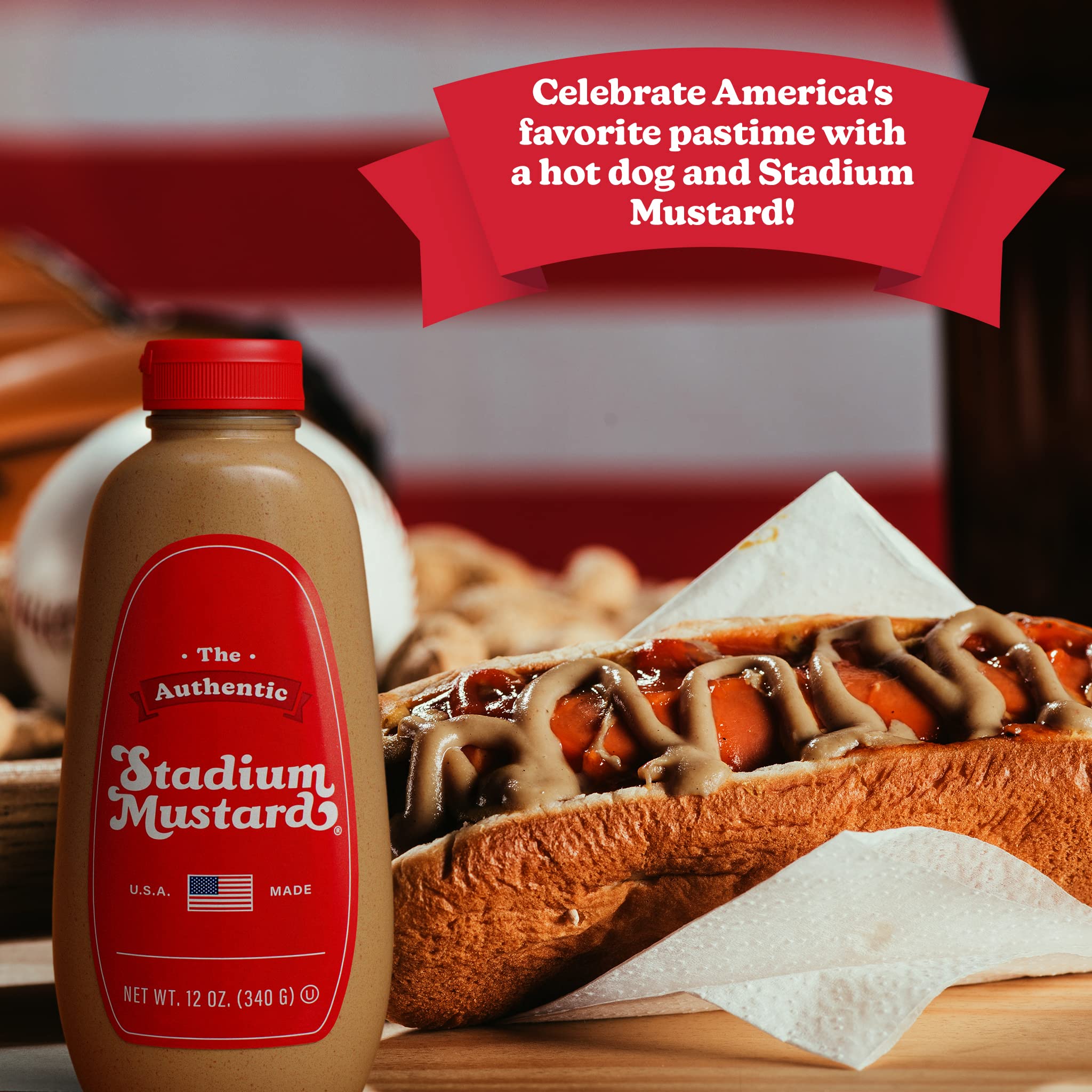 Authentic Stadium Mustard - Classic Hot Dog & Hamburger Condiment | Gluten Free, Sugar Free, Kosher, Fat Free | 12oz Bottle | Perfect for BBQs, Picnics & Game Day Snacks