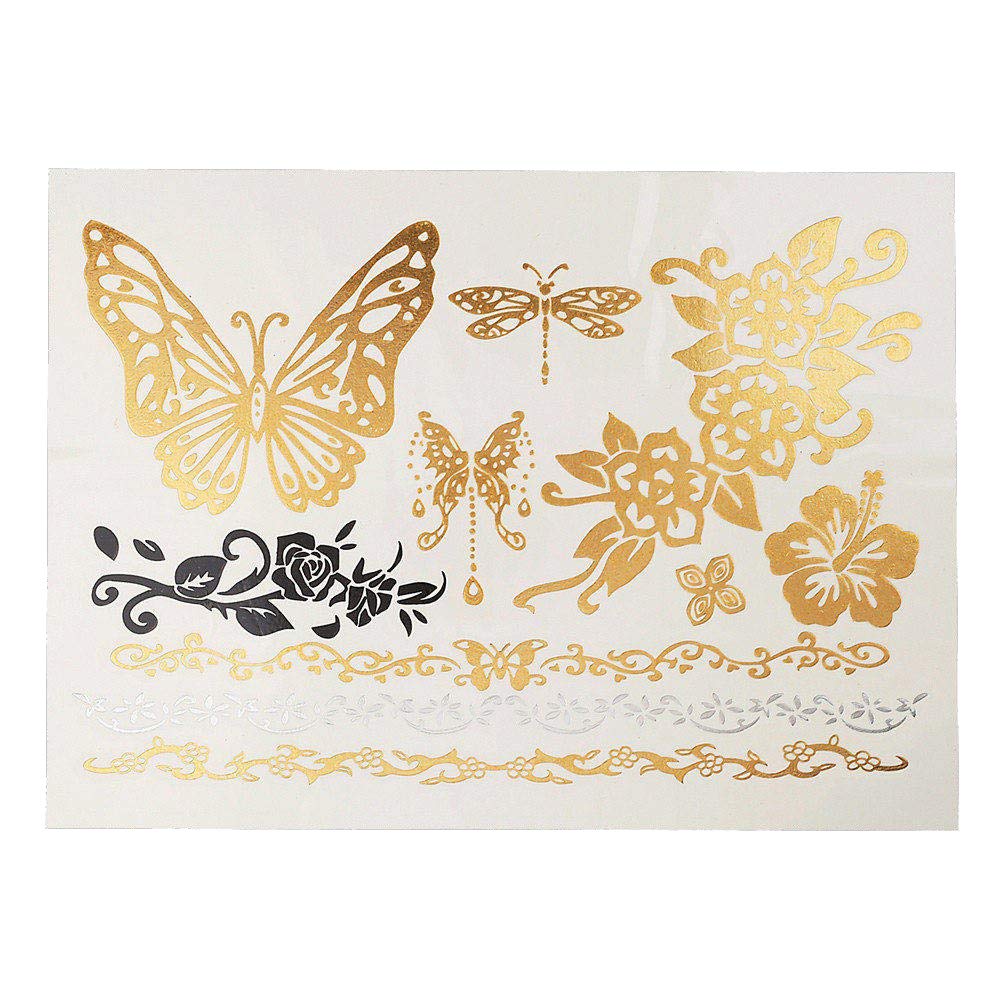 S.A.V.I 3D Temporary Tattoo - Golden & Silver Metallic Butterfly Body Art Stickers (21x15cm) for Women & Teens - Perfect for Festivals, Parties, and Photo Shoots - 1PC Gold Design