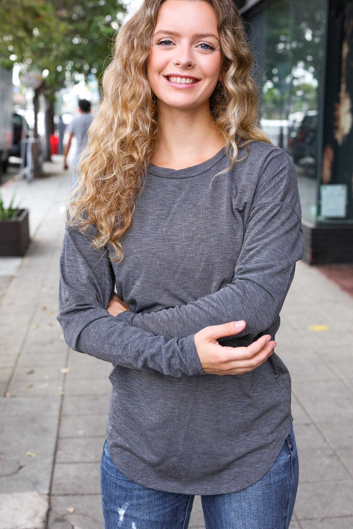 Stylish Solid Grey Fitted Long Sleeve Terry Pullover Sweatshirt for Women | Cozy Casual Wear for Fall & Winter | Perfect for Lounging, Running Errands & Coffee Dates
