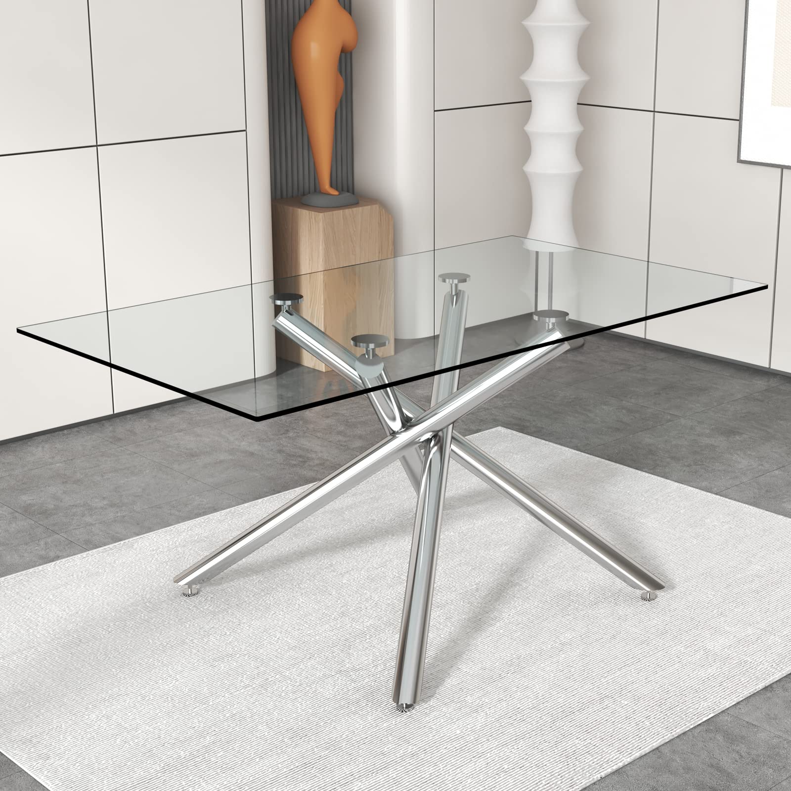63 Inch Modern Rectangular Glass Dining Table for 4-6 People - Tempered Glass Top with Silver Metal Legs - Perfect for Kitchen, Dining Room & Small Space Entertaining