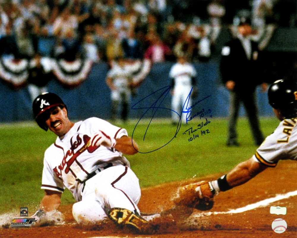Sid Bream Autographed Atlanta Braves 16x20 MLB Photo - Iconic Slide from 10/14/92 Game with Bible Verse Inscription - Perfect for Sports Memorabilia Collectors and Braves Fans Display