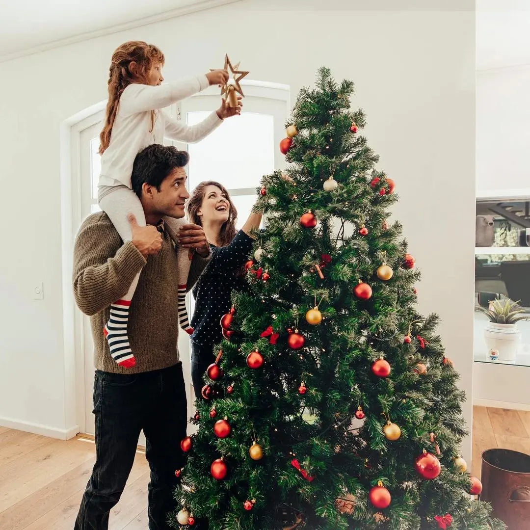 6.5'/7.5'/9' Pre-Lit Artificial Christmas Tree with Warm White LED Lights, Metal Stand & Hinged Branches - Perfect for Home, Office & Holiday Decorations