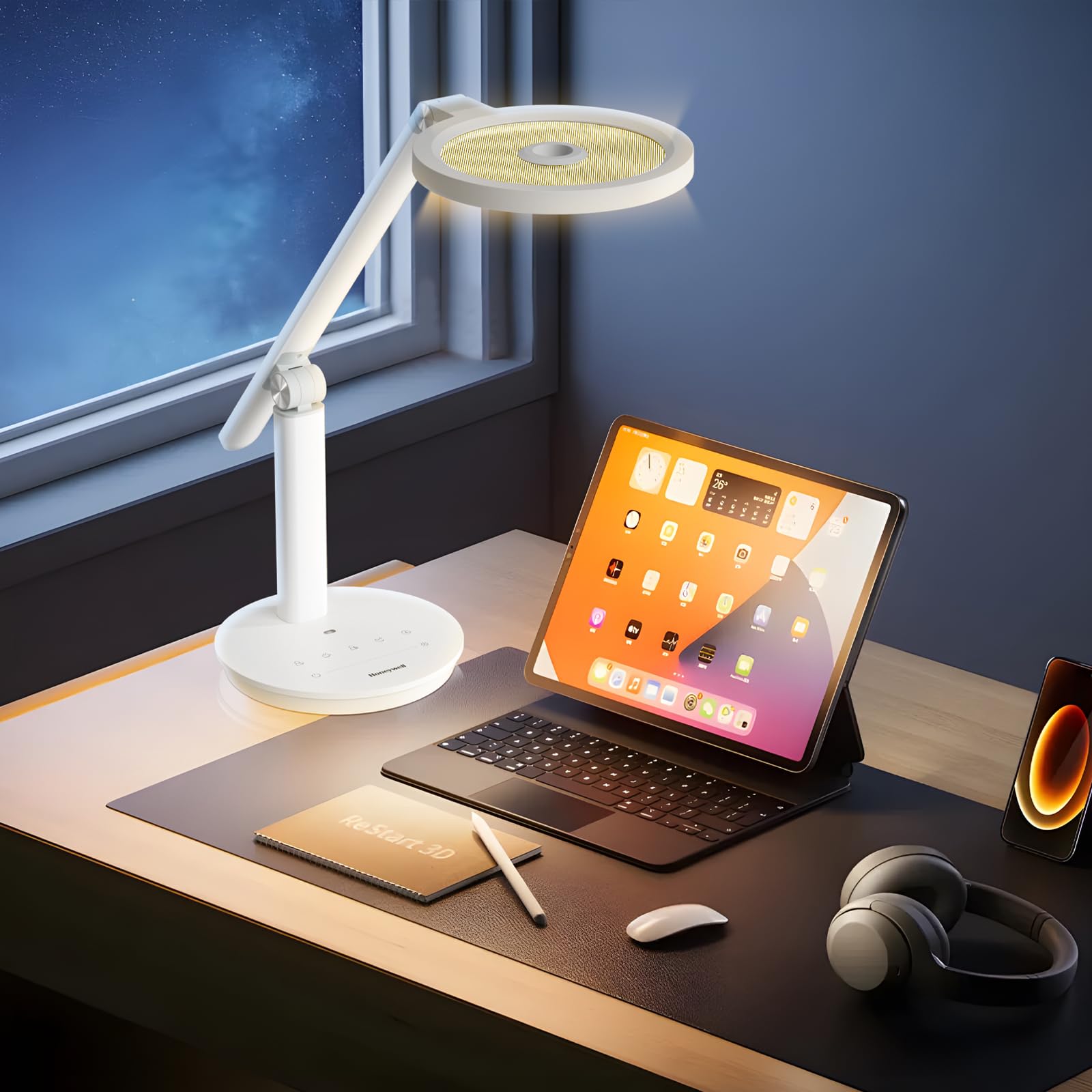 HONEYWELL H6 Sunturalux™ Eye-Caring LED Desk Lamp - 800LM Dimmable Office Light with Timer & Touch Control, Tall Reading Lamp for Home Office, Study, Bedroom, Webcam Lighting - Perfect for Zoom Meetings, Night Reading & Workspace Illumination