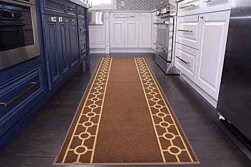 Custom Size Runner Rug with Chain Border Design - 26 Inch Wide, Choose Your Length (Up to 27 ft) - Non-Slip Rubber Backing for Hallways, Entryways & High-Traffic Areas - Brown Extra Long Rug Runner for Home & Office Decor