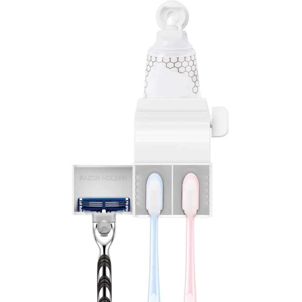 2-Pack Rolling Toothpaste Tube Squeezer Dispenser with Toothbrush & Razor Holder - Plastic Manual Toothpaste Pump Clip - Bathroom Organizer Wall Mount Stand for Efficient Space Saving & Clutter-Free Countertops