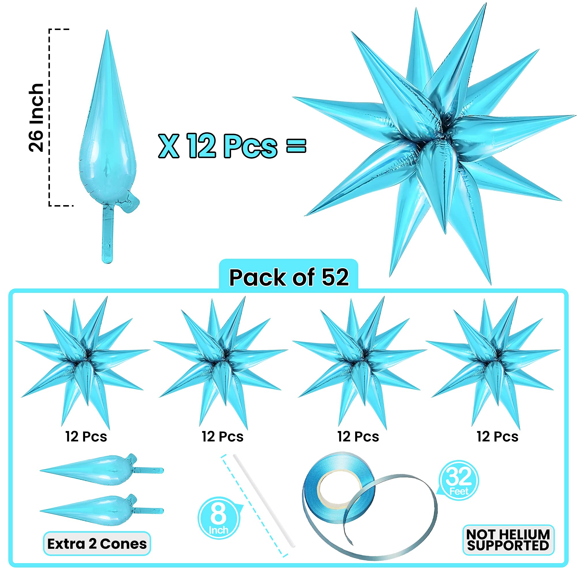 100 Pieces 26-Inch Big Blue & Silver Star Balloons | Premium Starburst Balloons for Party Decorations - Baby Showers, Bachelorette Parties, Weddings & Birthday Celebrations | Durable Cone-Shaped Balloons with Explosion Point Design