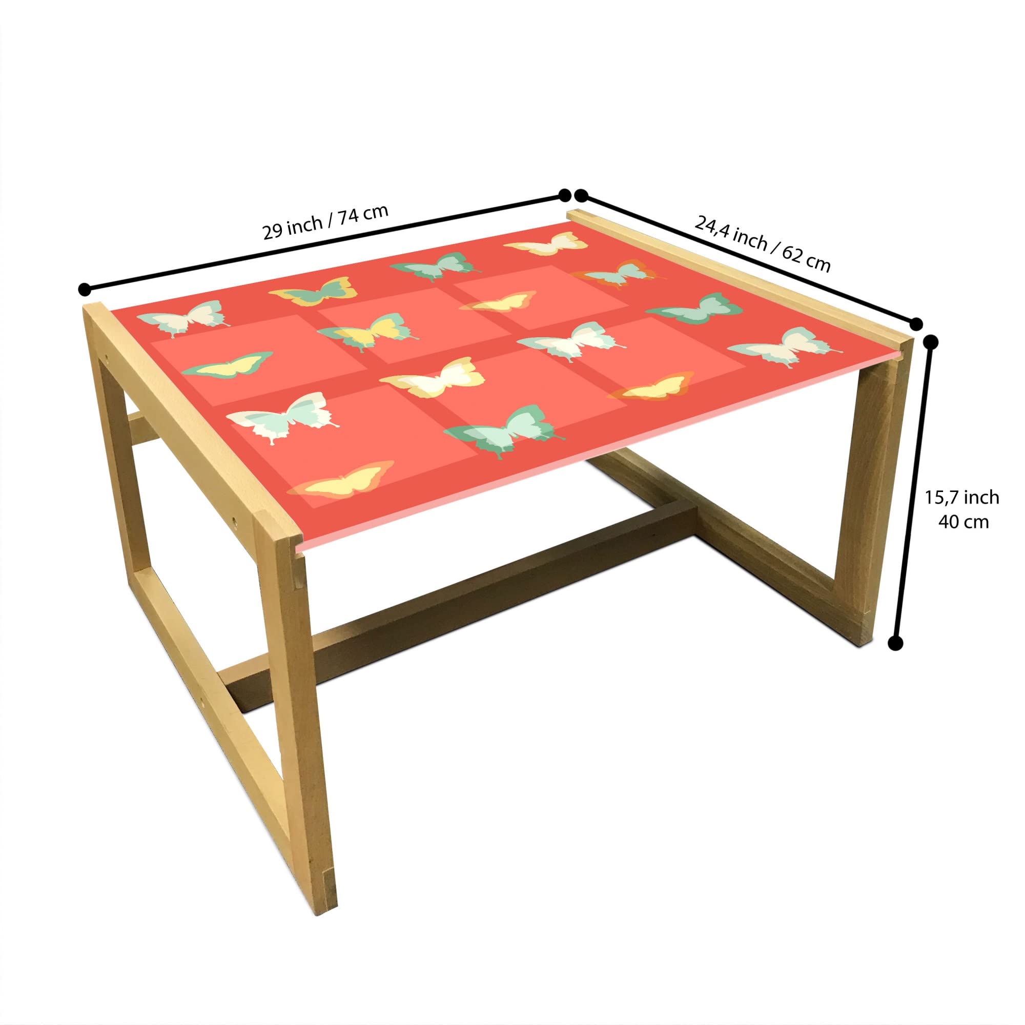 Ambesonne Retro Coffee Table with Dainty Butterflies on Tangerine Background - Acrylic Glass Center Table with Wooden Frame for Office, Dorm, Living Room - Medium Size in Burnt Sienna & Laurel Green - Perfect for Home Decor, Small Spaces & Gift Giving