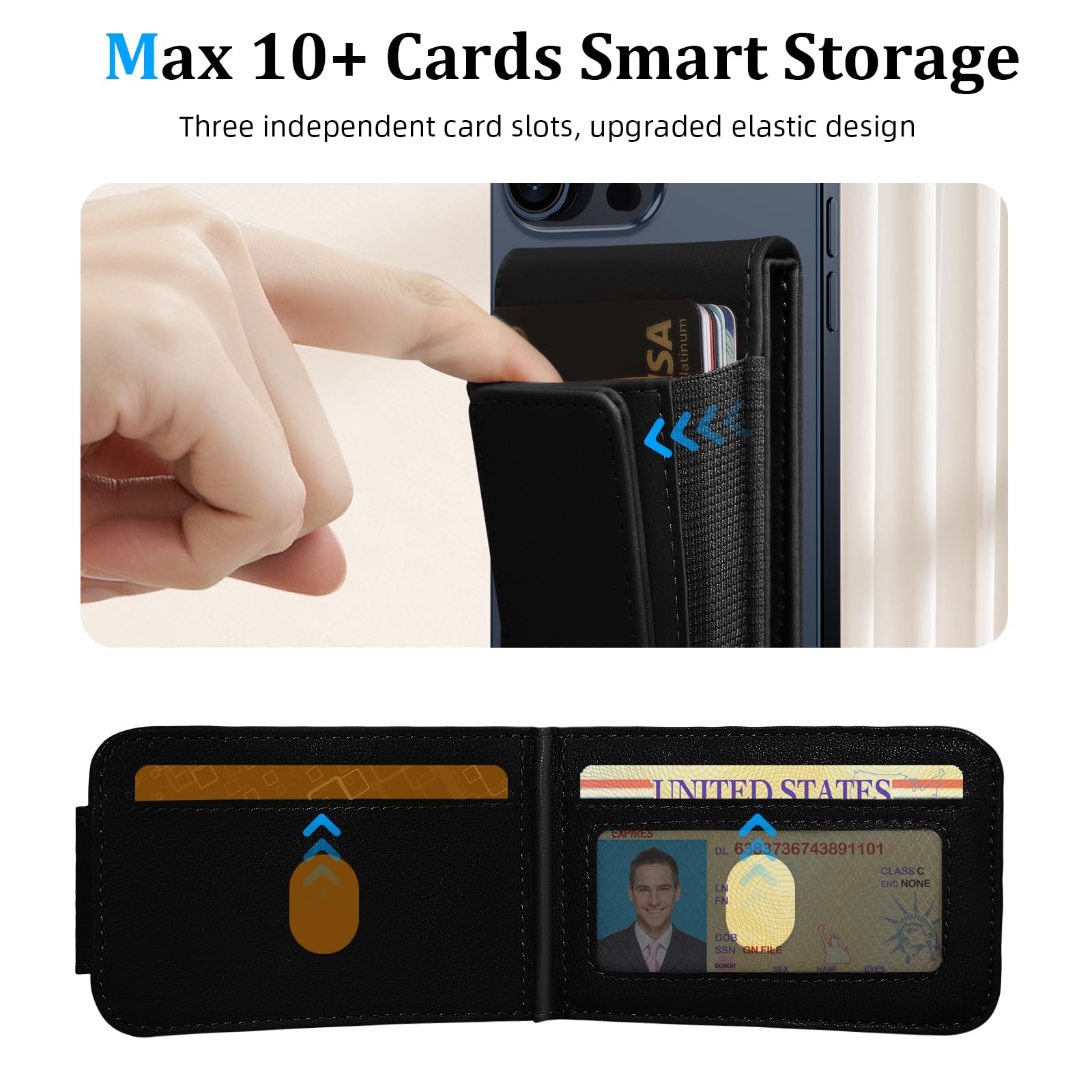Magnetic Phone Wallet for iPhone 16/15/14/13/12 Pro Max Plus - Detachable MagSafe Wallet with Adjustable Stand, Money Clip & 10+ Card Holder | Slim RFID Blocking Design for Everyday Carry, Travel & Business Use