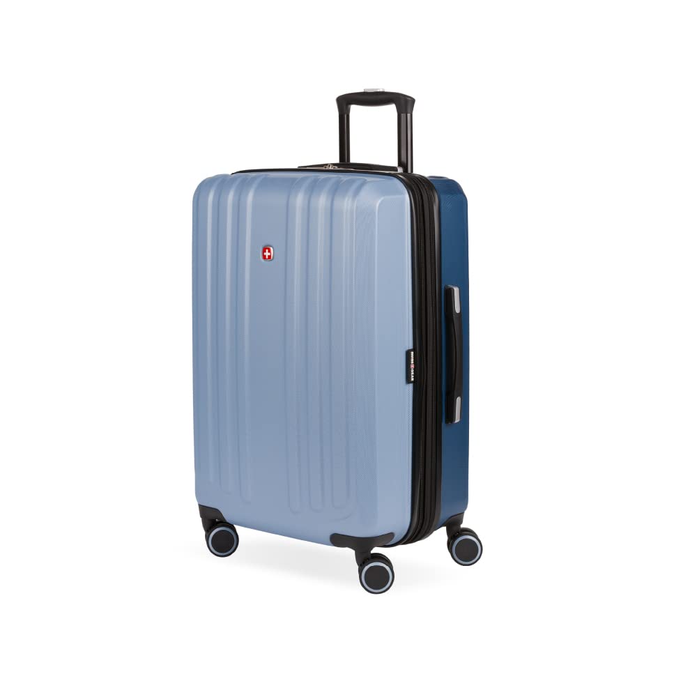 SwissGear Duet Expandable Hardside Spinner Luggage 24-Inch - Light Blue/Navy Checked Medium Suitcase for Travel, Business Trips & Vacation Packing