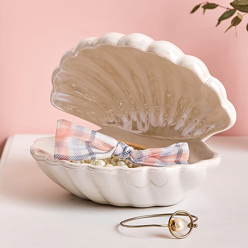 Pearl LED Night Light Jewelry Tray - Ceramic Shell Pearl Table Lamp for Bedroom & Living Room Decor, Housewarming Gift - Perfect for Nightstands, Vanity Tables & Home Decoration (White)
