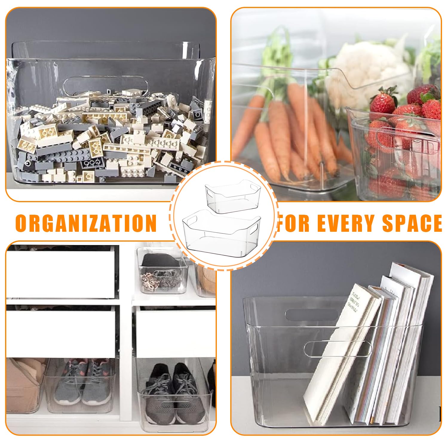 4-Pack Clear Plastic Storage Bins with Handles - Stackable Kitchen & Pantry Organizers for Cabinets, Shelves, Freezer & Fridge - Perfect for Food Storage, Home Organization & Closet Decluttering