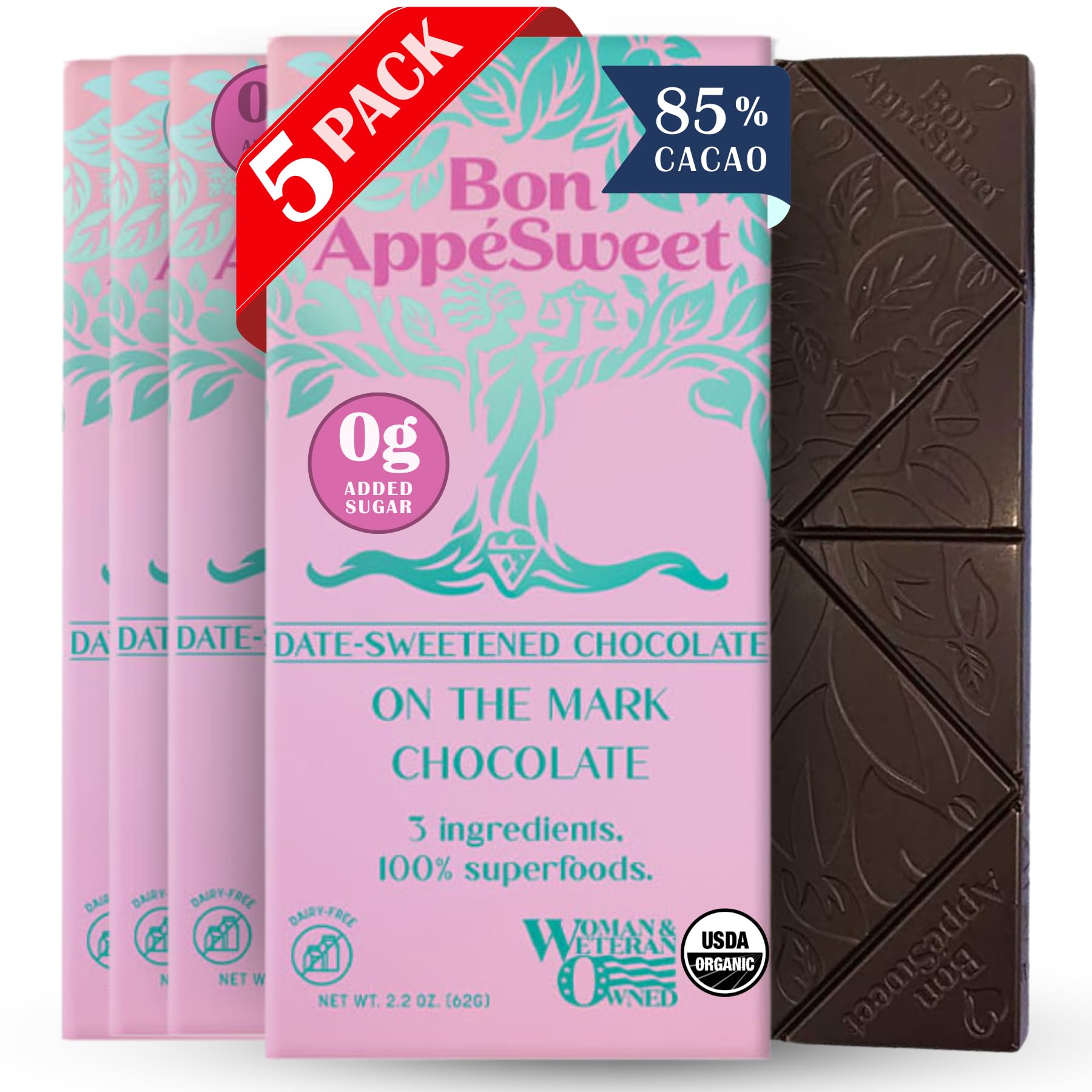 Bon Appesweet Date Sweetened Dark Chocolate Bar - 85% Cacao, Organic, Sugar Free, Vegan, Dairy Free (Pack of 5, 2.2oz) | Healthy Snack for Keto Diet, Weight Loss & Guilt-Free Dessert | Perfect for Gifts, Office Treats & After-Dinner Indulgence