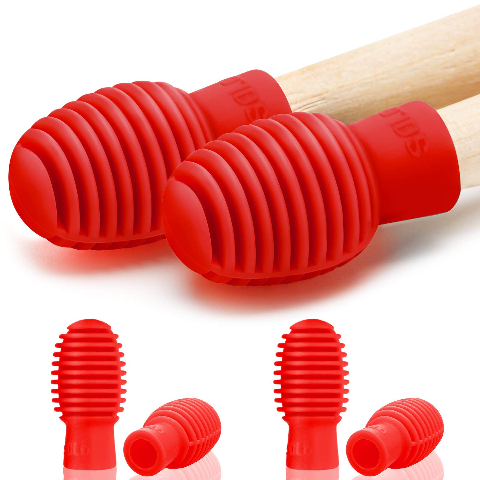 4-Piece Silicone Drum Mute Dampener Set - Silent Practice Drumstick Tips for Noise Reduction - Percussion Accessories Replacement (Red, Grid) - Perfect for Home Practice, Apartment Drumming & Quiet Rehearsals