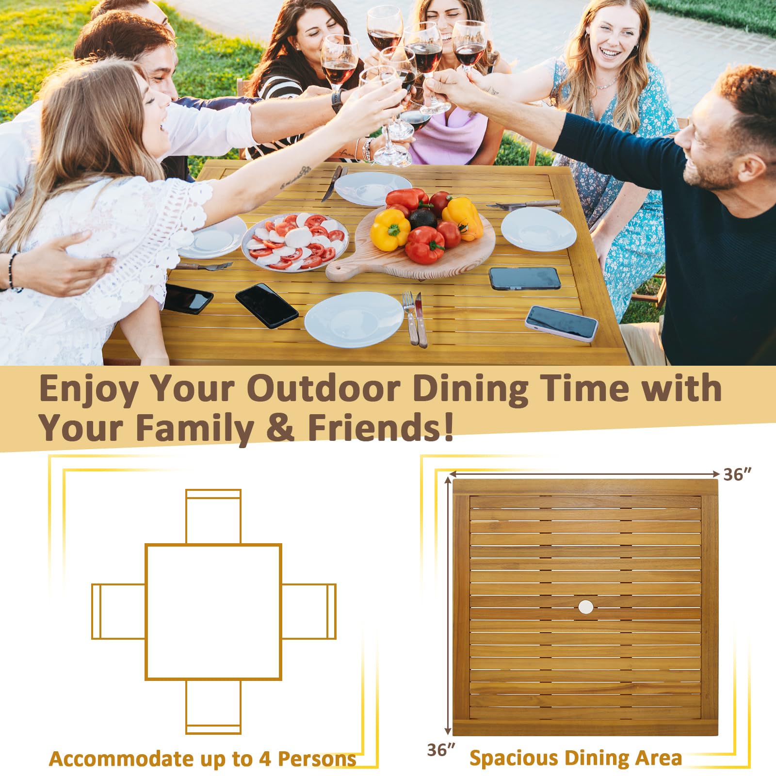 Tangkula 4-Person Square Outdoor Dining Table - Acacia Wood Patio Table with 1.9