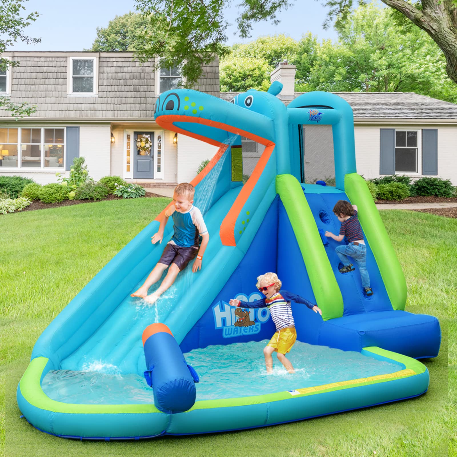 BOUNTECH Inflatable Water Slide for Kids & Adults - Hippo Themed Backyard Water Park with Long Slide & Splash Pool - Outdoor Summer Party Toy for Toddlers, Children, Family Gatherings, Birthday Gifts - Perfect for Backyard Fun, Pool Parties, Summer Celebrations and Outdoor Water Play