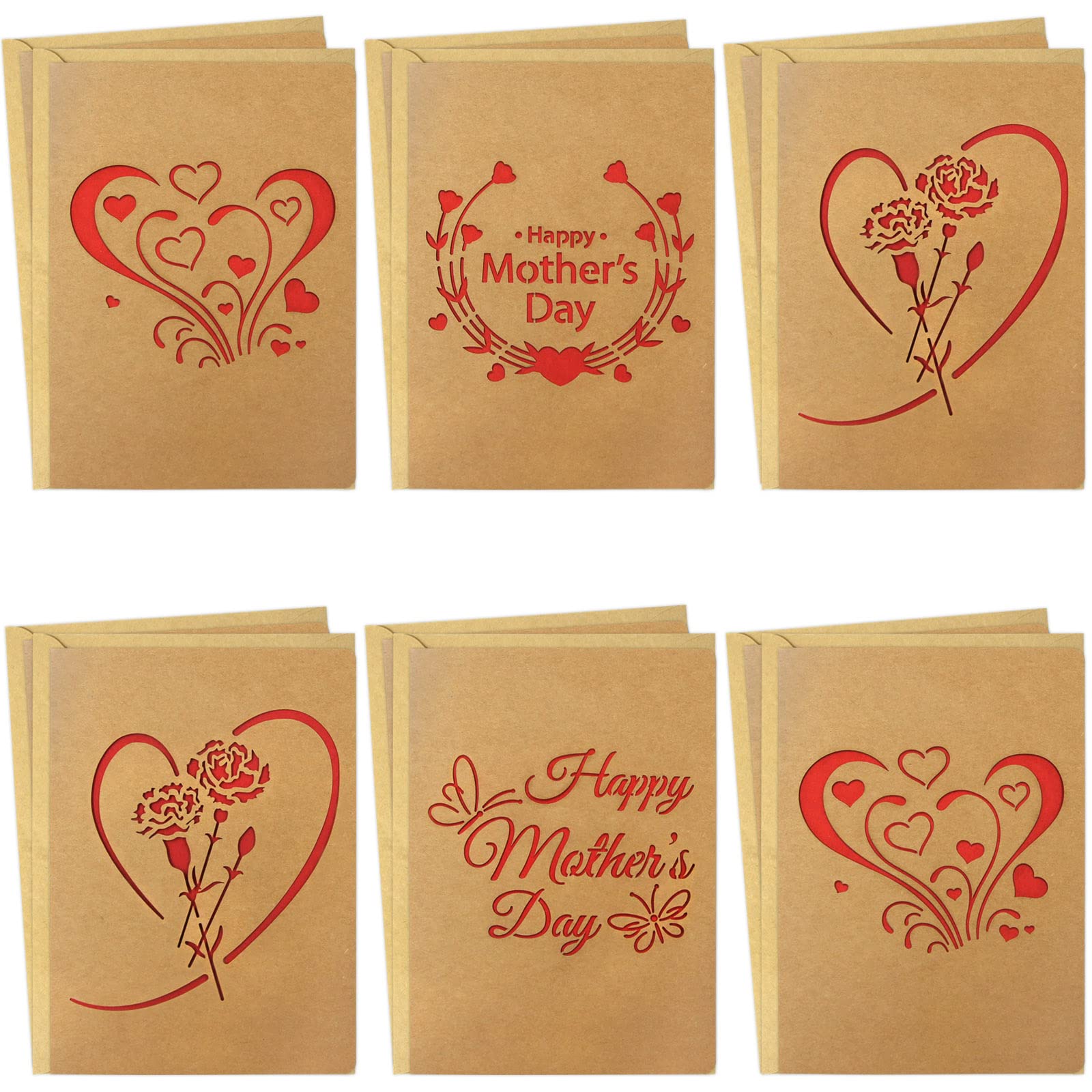12 PCS Happy Mother's Day Kraft Cards with Envelopes & Stickers - Die Cut Greeting Cards for Mom - Perfect Mother's Day Gifts for Wife, Grandma & Special Women (Use for Handwritten Notes, Party Favors & Keepsakes)
