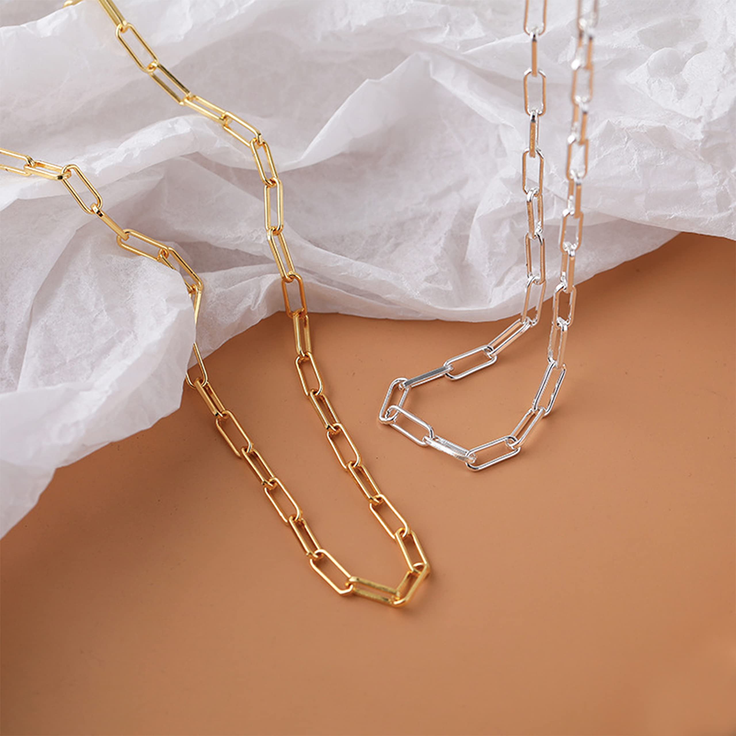 S925 Silver Paperclip Necklace - 18k Gold Plated Trendy Snake Chain Layered Choker Necklace for Women - Titanium Steel Minimalist Jewelry - Perfect for Everyday Wear, Gift Giving & Special Occasions