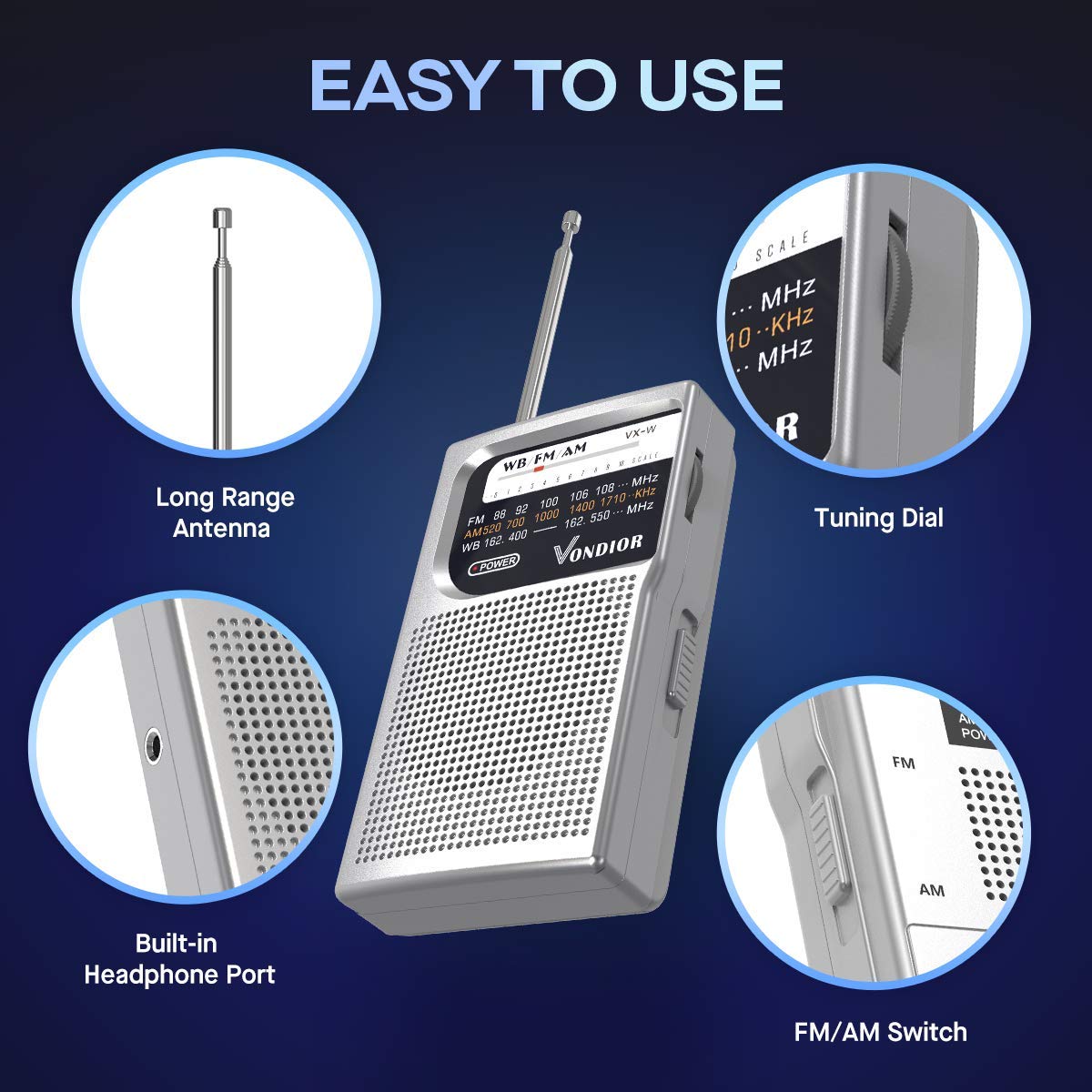 Vondior NOAA Weather Radio - Portable Emergency AM/FM Radio with Best Reception | Battery Powered (2 AA) | Headphone Jack | Silver | Ideal for Outdoor Camping, Hiking & Emergency Preparedness