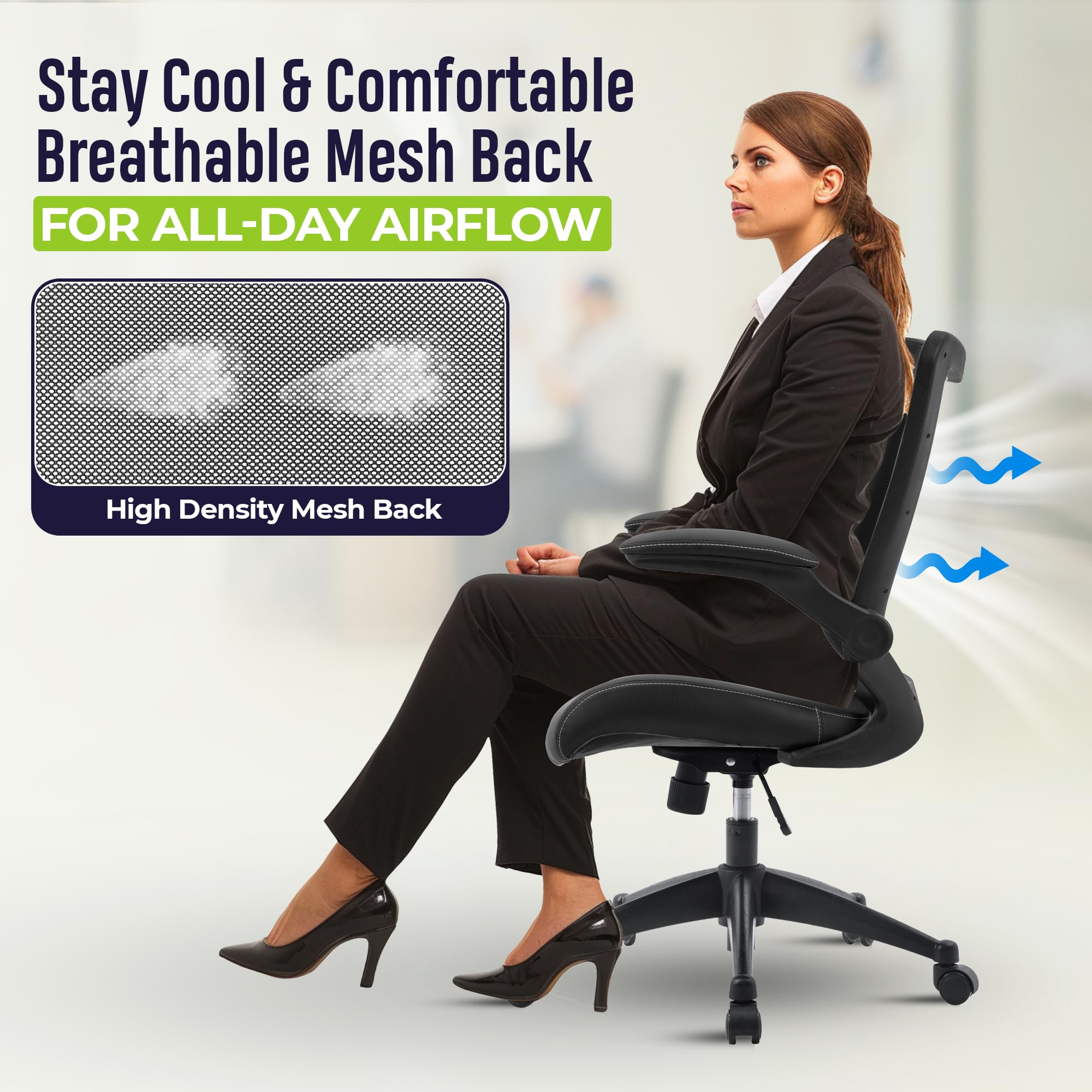 OfficeFactor Ergonomic Mesh Office Chair with Flip-Up Armrests & Non-Scratch Wheels - 300 lb Weight Capacity, Adjustable Height, Bonded Leather Seat - Perfect for Home Office, Gaming & Workspaces (Black)