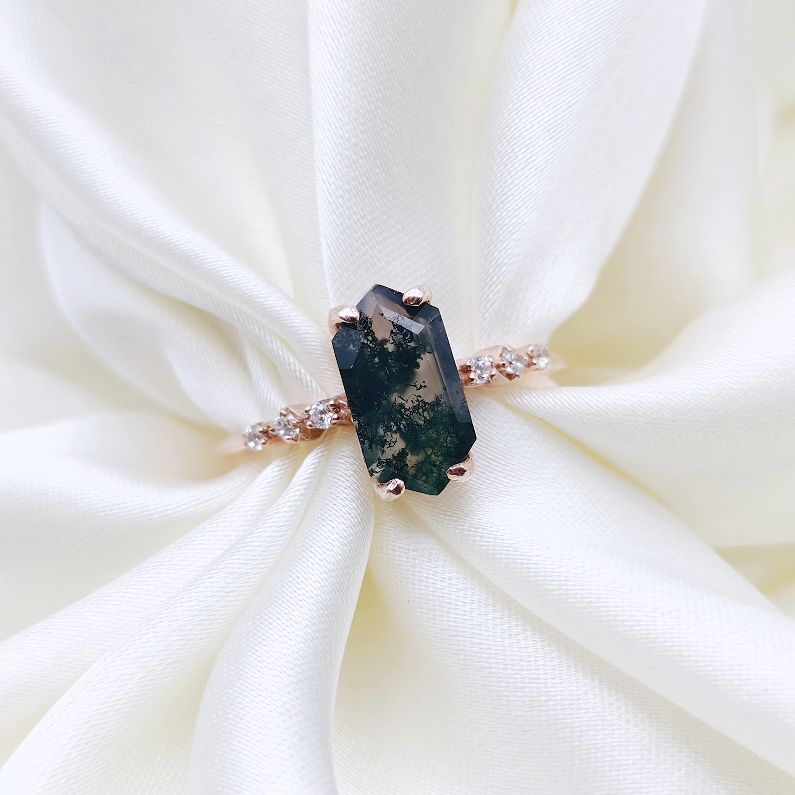 Natural Moss Agate Hexagon Ring for Women - Rose Gold, White, Green & Silver Stackable Promise Ring | Elegant Birthstone Jewelry Gift for Her, Anniversary & Special Occasions | Perfect for Stacking, Layering & Everyday Wear
