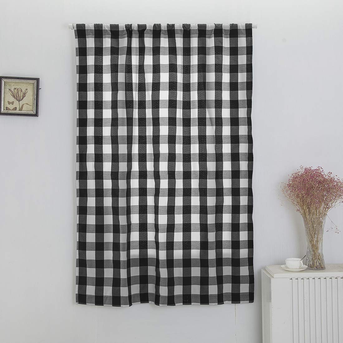 Black and White Plaid Balloon Window Curtains with Rod Pocket - Adjustable Tie-Up Shades for Small Windows (46