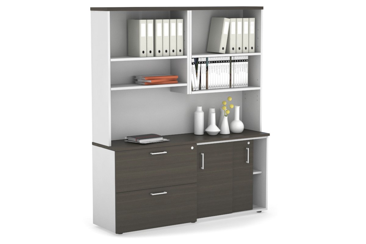 2-Door Sliding Credenza with 2 Drawers & Open Hutch - Modern Office Storage Cabinet for Files, Supplies & Decor - Perfect for Home Office, Conference Rooms & Workspaces