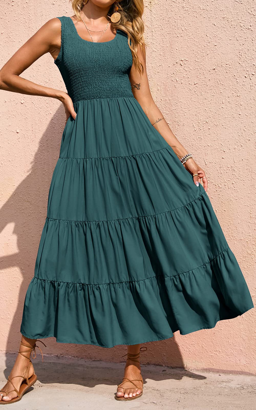PRETTYGARDEN Women's Casual Loose Plain Maxi Sundress - Smocked Tank Dress Sleeveless Summer Beach Tiered Long Dress for Vacation, Pool Party & Outdoor Activities