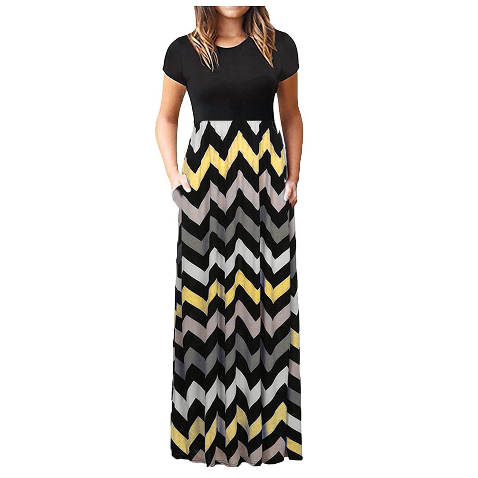 KAQQ Plus Size Summer Dresses for Women - Fashion O-Neck Gradient Print Short Sleeve Spaghetti Strap Maxi Dress with Sequin Details | Perfect for Beach Vacations, Date Nights & Summer Parties