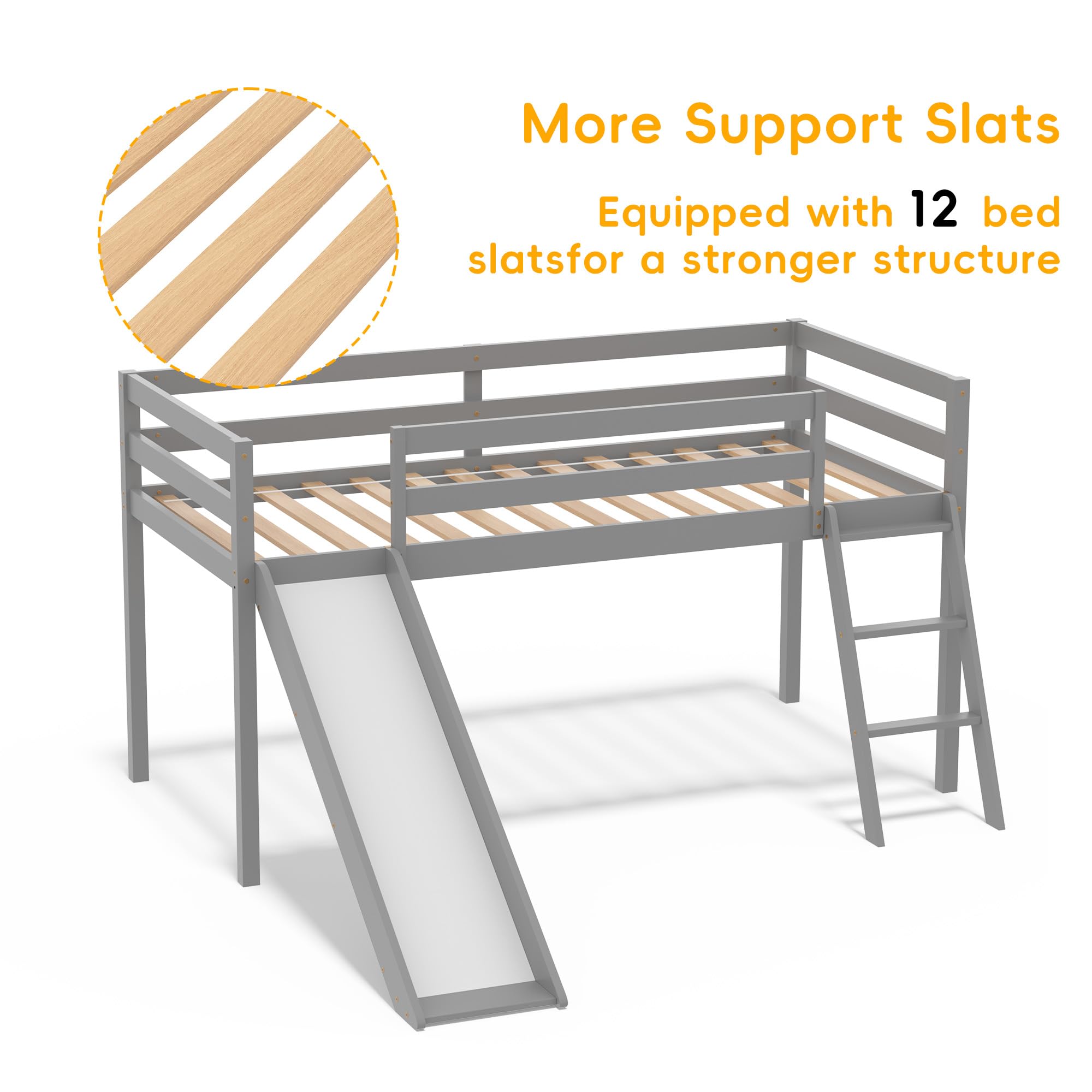 Xilingol Low Loft Bed with Slide - Wooden Twin Bed Frame with Climbing Ladder for Toddlers & Kids - Space-Saving Grey Kids Bed for Small Rooms - Perfect for Playrooms, Bedrooms & Daycare Centers