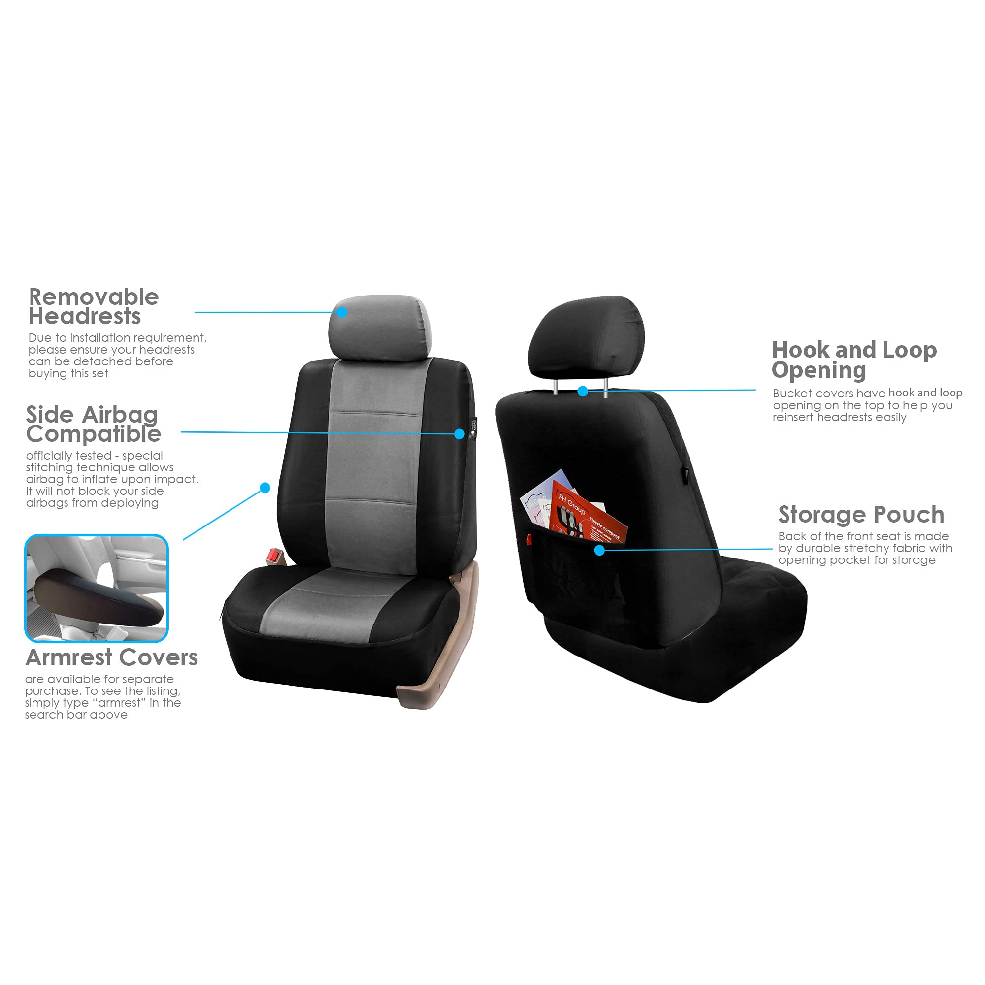 Premium PU Leather Car Seat Covers Full Set - Universal Fit for Sedans, Trucks & SUVs (Gray/Black) | FH Group PU002115 + FH2006 | Gift Included | Perfect for Daily Commute, Road Trips & Vehicle Protection