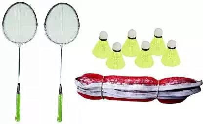 Labh Traders 2-Piece Single Shaft Badminton Racket Set with 6 Nylon Shuttlecocks & 1 Portable Net - Complete Badminton Kit for Indoor/Outdoor Sports, Backyard Games & Family Fun