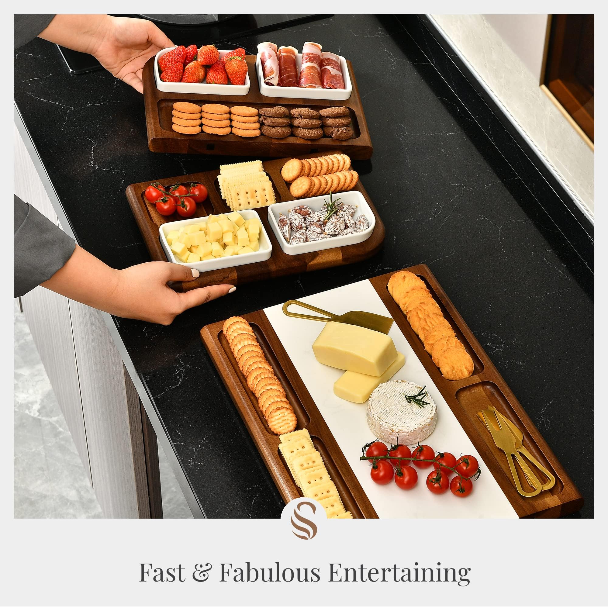 Premium Marble Charcuterie Board with Magnetic Cheese & Meat Tray - Double-Sided Serving & Cutting Board - Elegant Gift for Weddings, Parties & Holidays - Durable & Stylish Kitchen Accessory