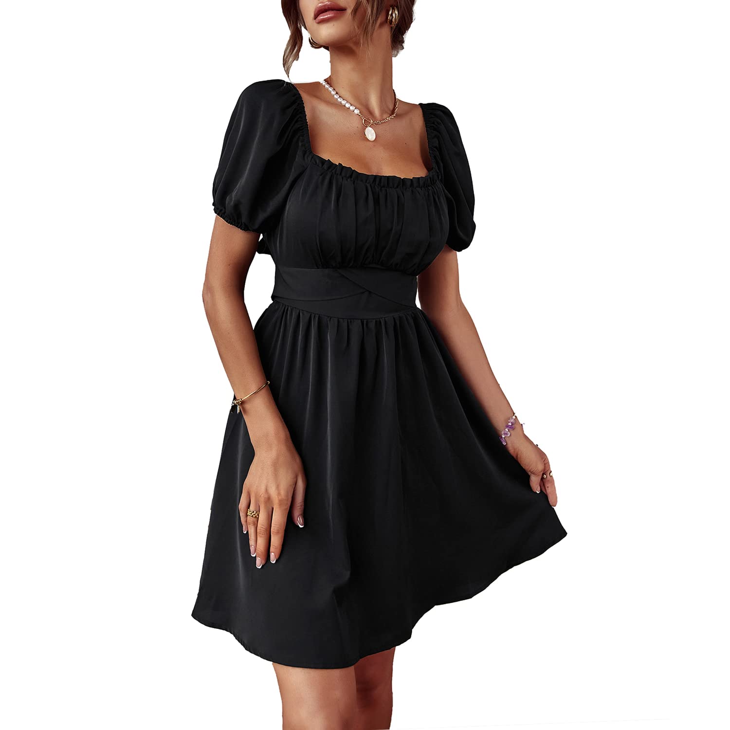 BBROVAVE Women's Summer Square Neck Mini Dress - Backless Tie Back, Sexy Short Puff Sleeve Off Shoulder Dress for Beach, Party & Date Night (Casual & Evening Wear)