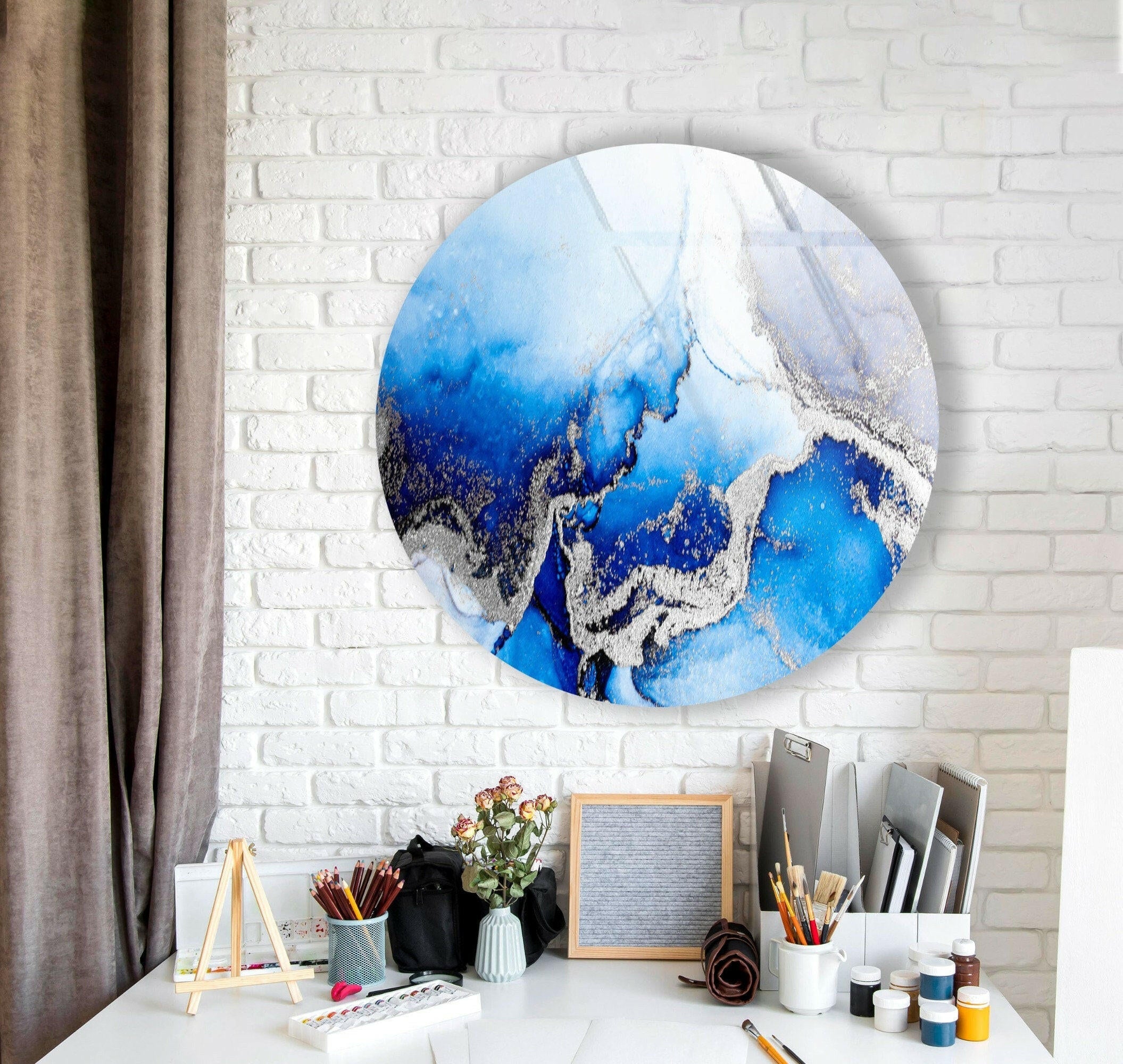 Blue Marble Round Glass Wall Art with Silver Accents - Elegant Home Decor for Living Room, Bedroom & Office