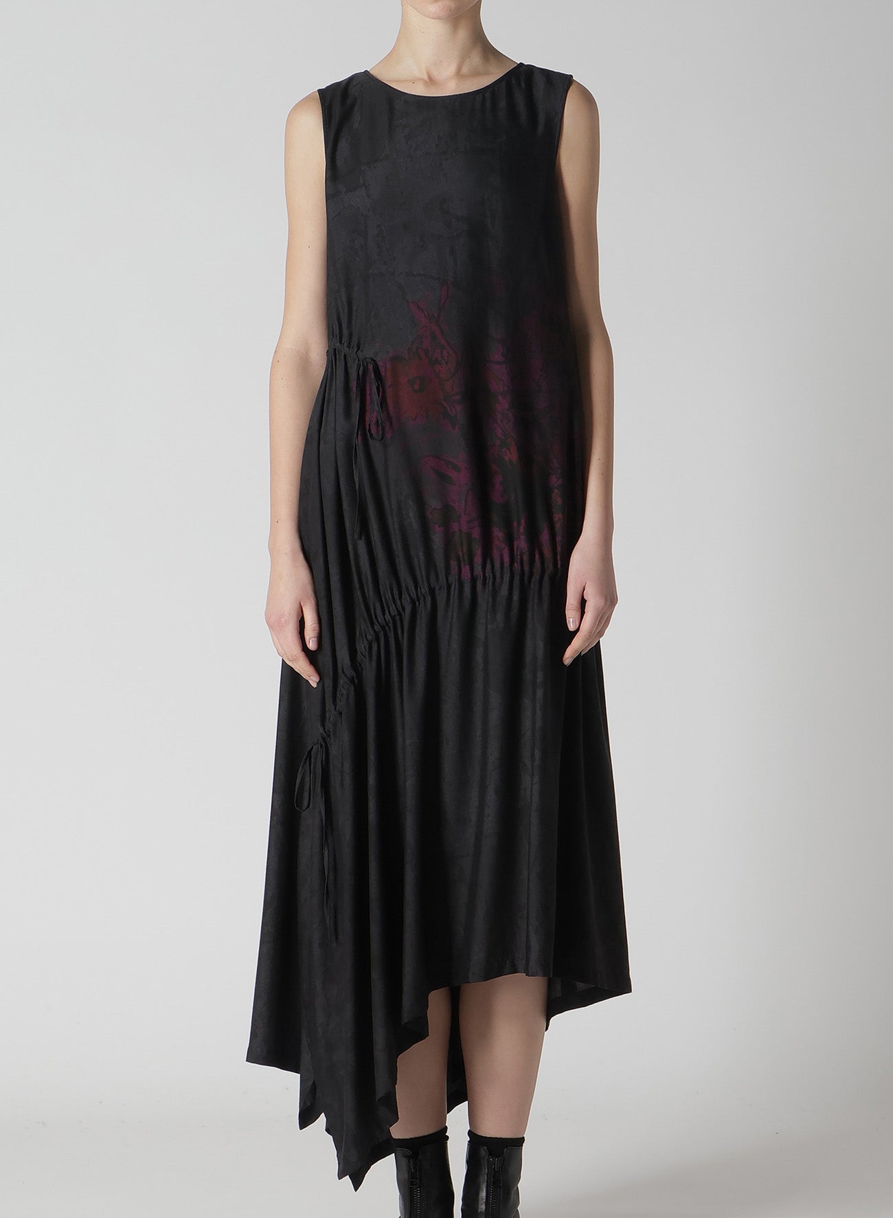 Cupro Dungaree Twill Floral & Asphalt Print Shirring Dress - Stylish & Comfortable for Casual Outings, Dates & Summer Events