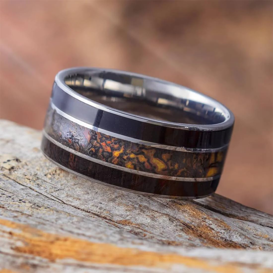 Unisex Titanium Comfort-Fit Band - 10mm African Blackwood & Dinosaur Bone Wedding Ring for Men & Women - Perfect for Everyday Wear, Anniversary Gifts & Unique Jewelry Collections