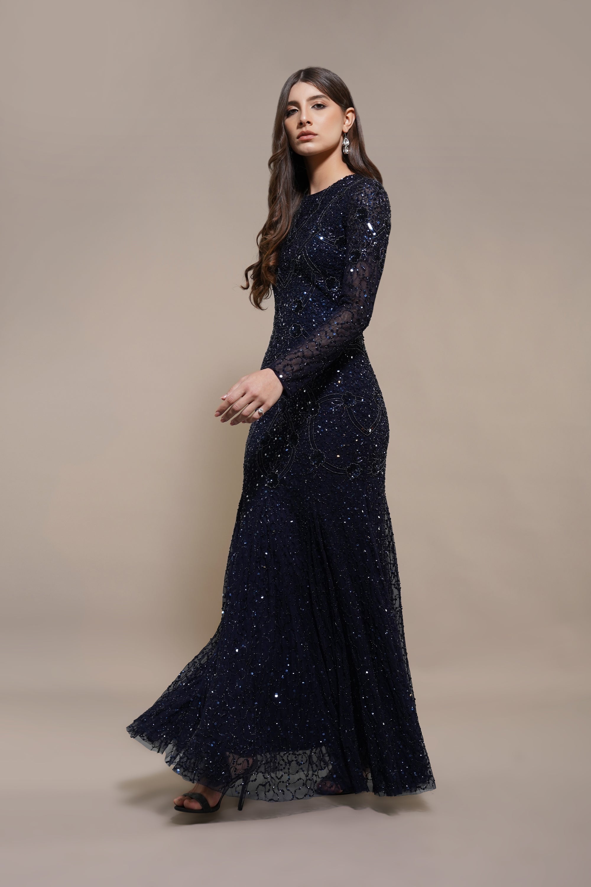 Zinnia Embellished Maxi Dress for Women - Navy Blue Floral Long Dress with Beaded Details | Perfect for Weddings, Parties & Summer Vacations