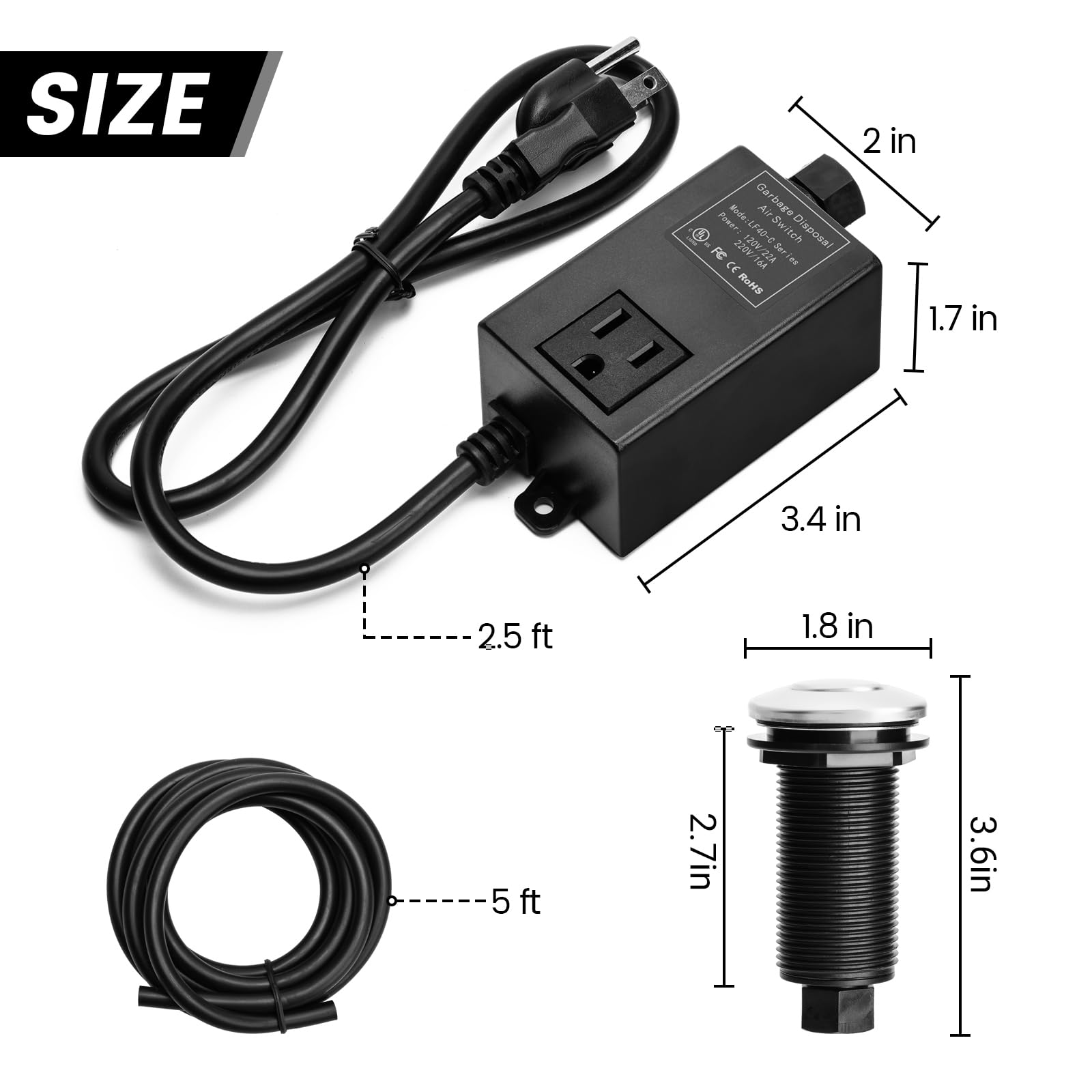 Briidea Stainless Steel Garbage Disposal Air Switch Kit - Polished Long Button Sink Top Waste Disposal System for Kitchen Sink (Easy Installation, Perfect for Home Kitchen Renovation & Waste Management)