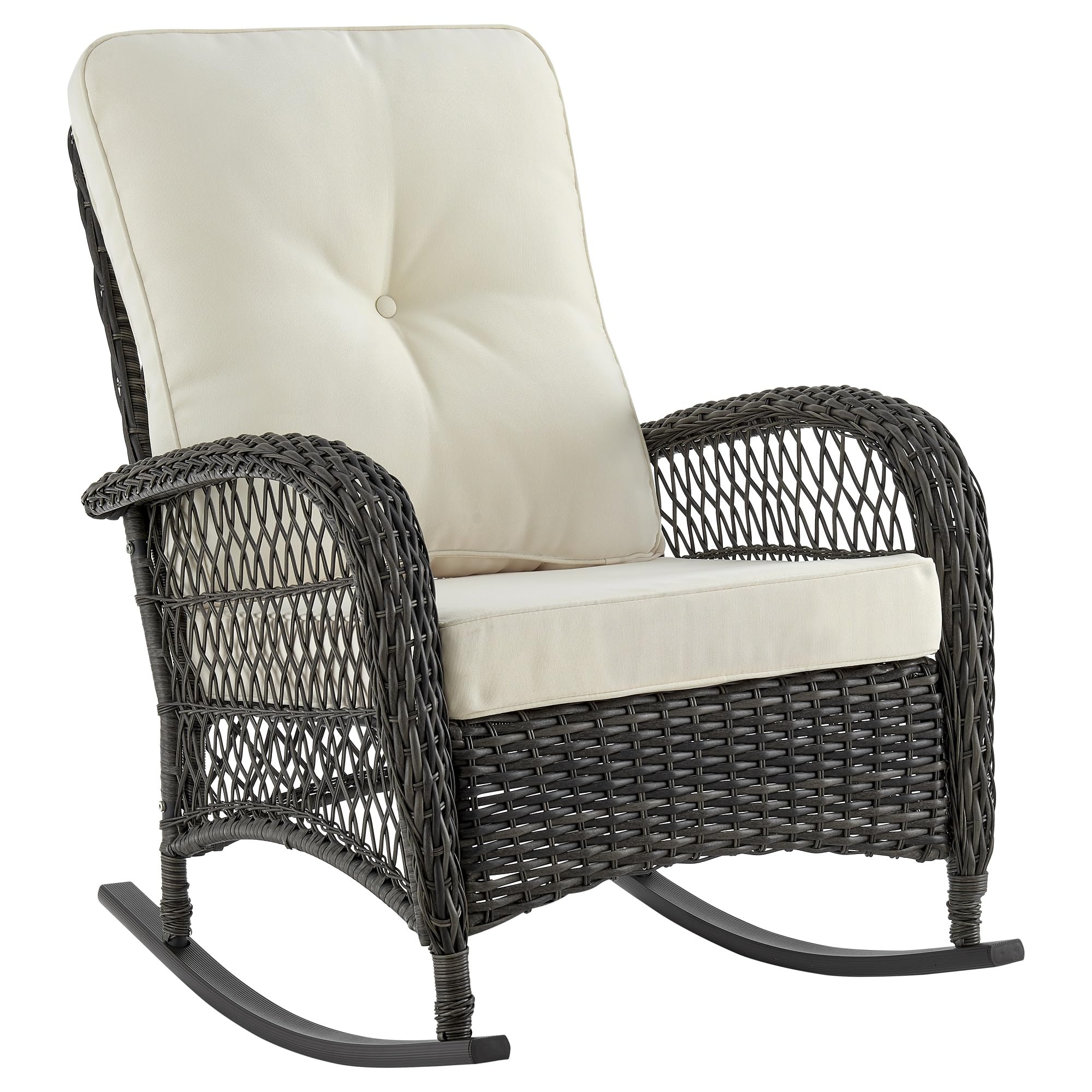 Premium Steel Rattan Outdoor Rocking Chair with Removable Waterproof Cushions - Weather-Resistant Patio Rocker with Curved Edge & Sturdy Frame (Cream) - Perfect for Garden, Porch, Poolside & Backyard Relaxation