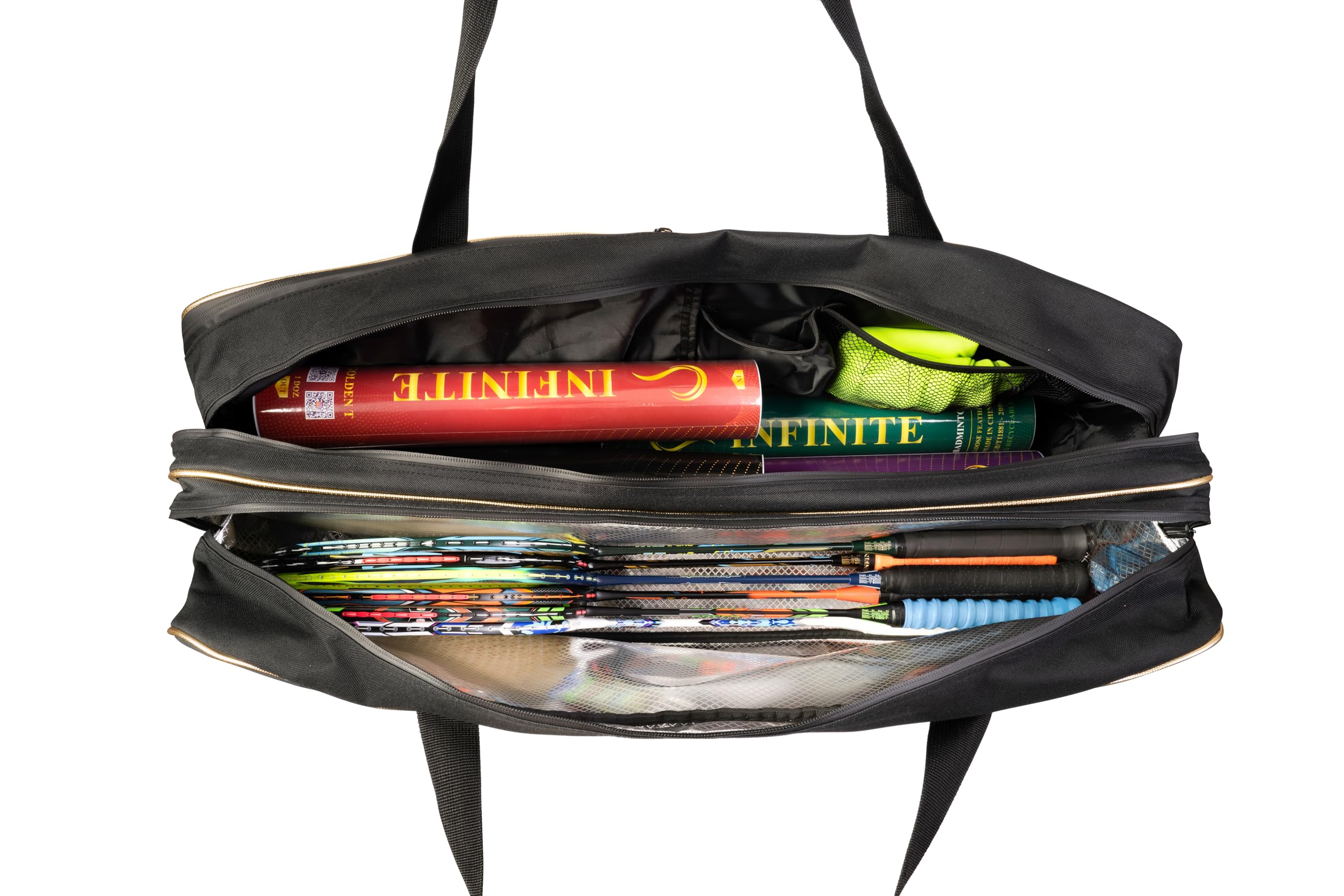 Premium Thermal Badminton Kit Bag with 3 Compartments - Large Capacity Sports Bag Holds 6 Rackets & Shoes - Durable Oxford Fabric with Double Zipper (Black & Gold) - Perfect for Badminton Tournaments, Training & Gym Storage